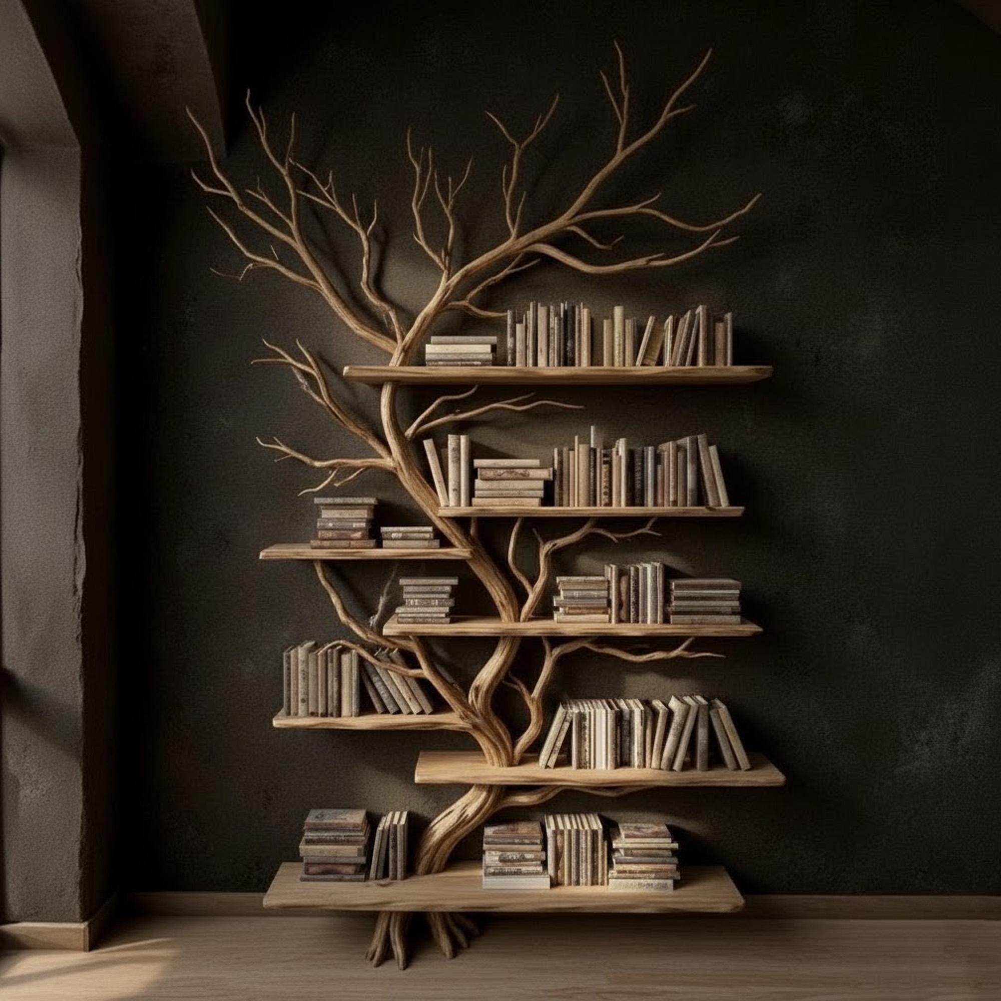 Driftwood tree branch solid wood bookshelf wall mount floating live edge furniture decoration