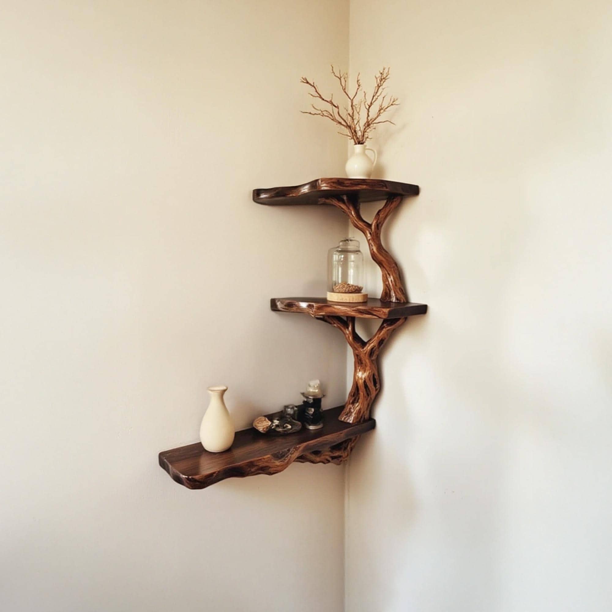 Corner floating bookshelf solid wood tree branch wall mount shelving handmade bookcase wood wall unique furniture decorations
