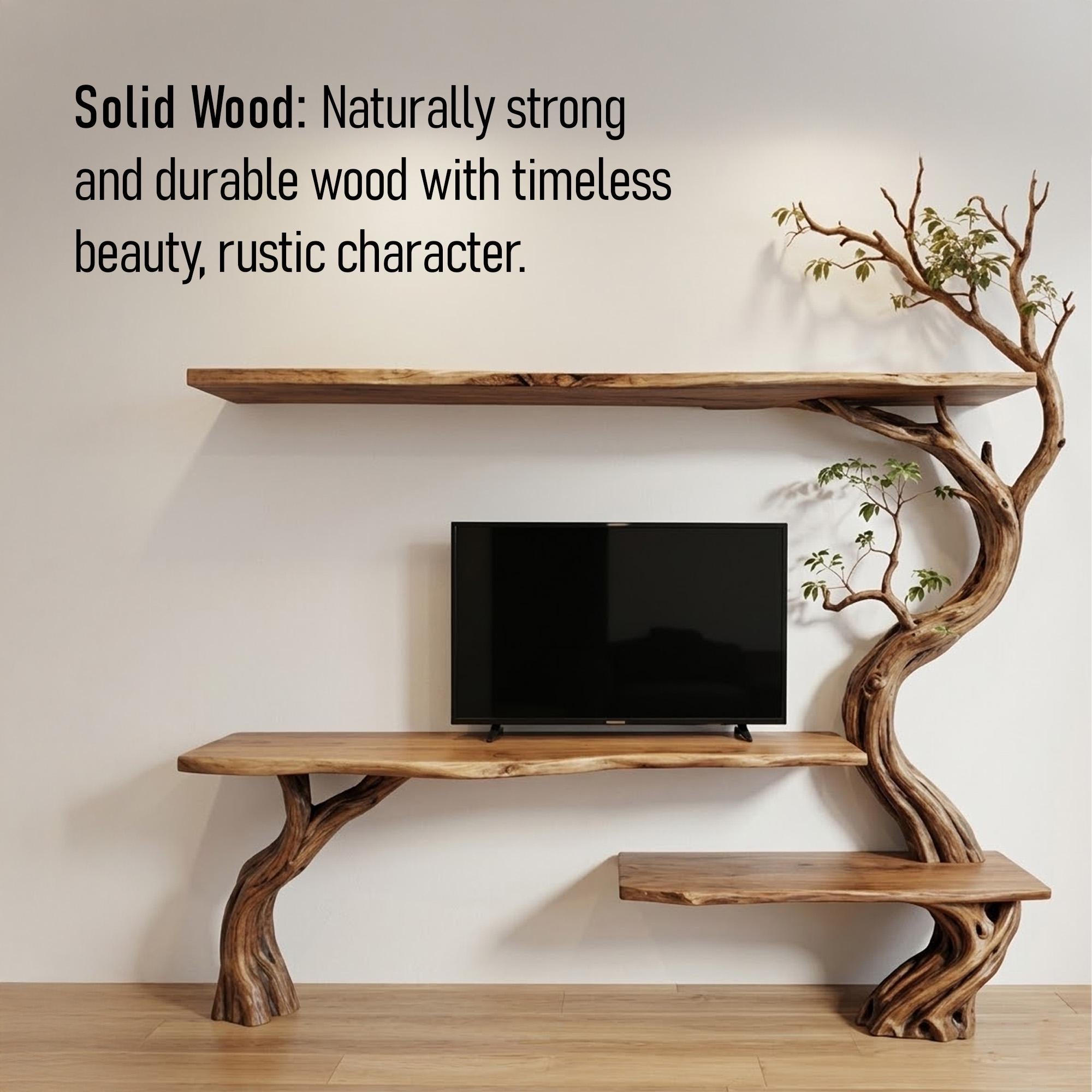 Tree branch tv stand solid wood bookshelf wall mounted live edge console table handmade entertainment center