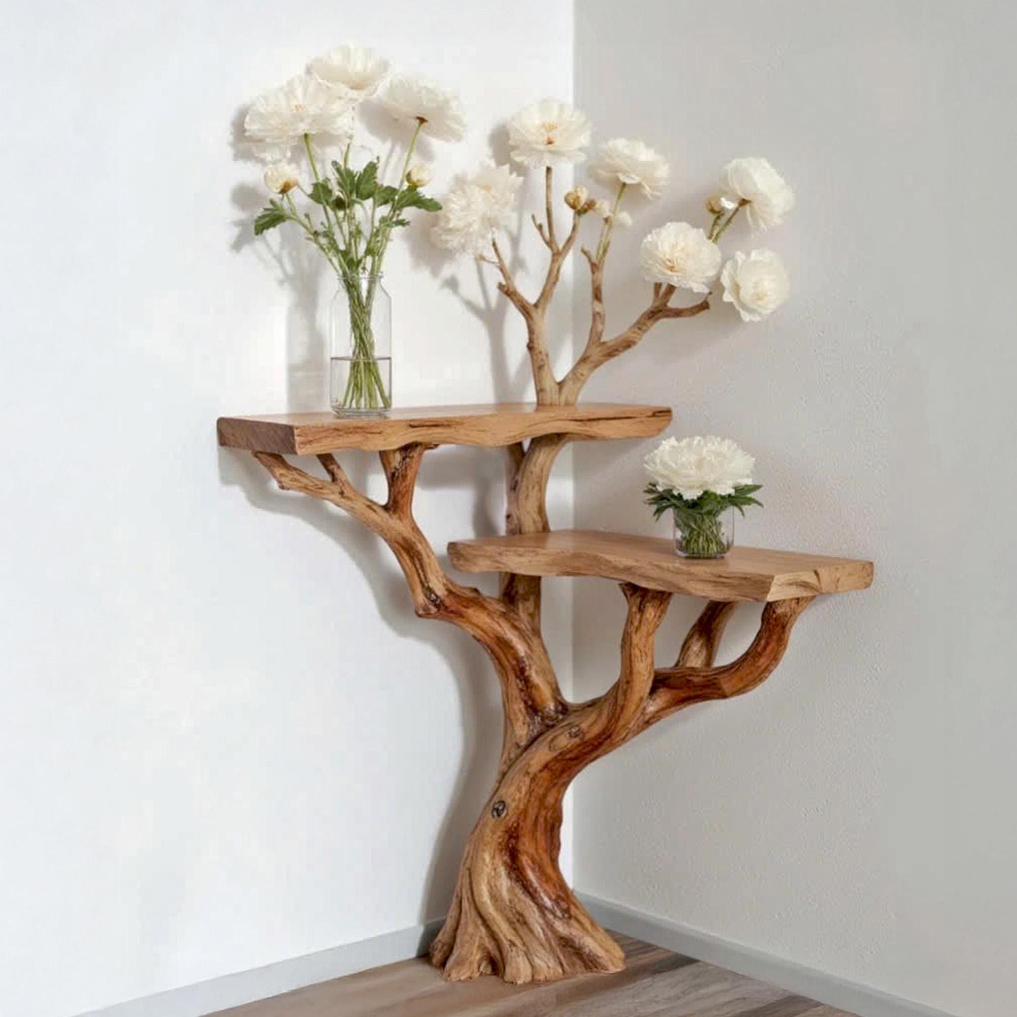 Corner floating console table tree branch driftwood entryway table solid wood plant stand rustic handmade furniture
