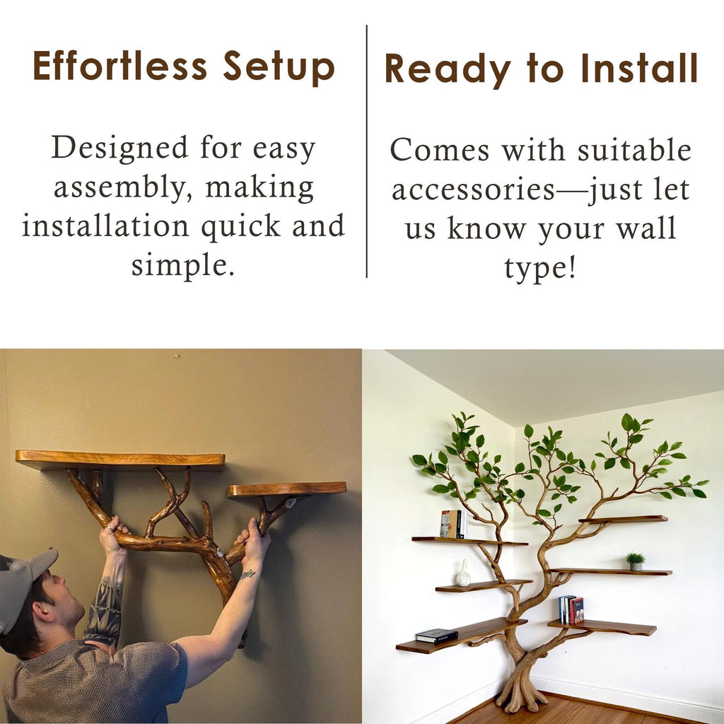 Floating corner tree branch bookshelf live edge wall mount corner driftwood bookcase solid wood shelving furniture centerpiece