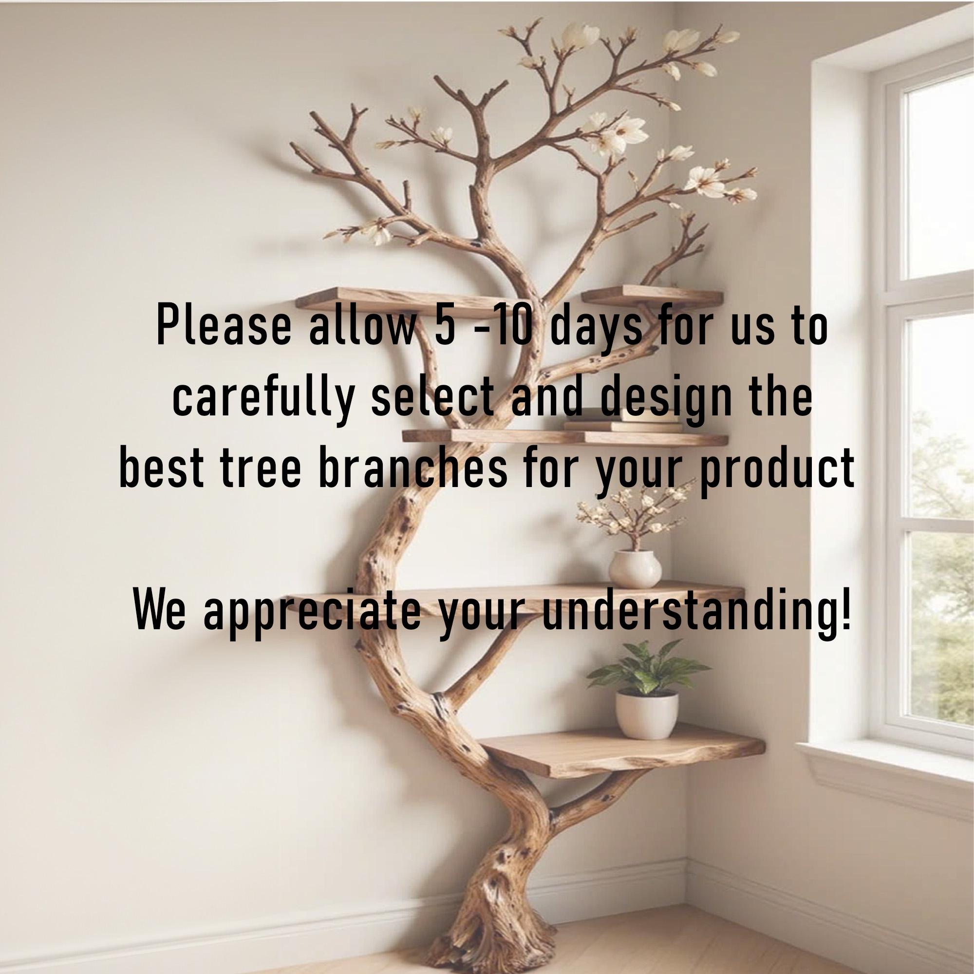 Tree branch bookshelf corner floating wood shelf on wall art driftwood branch book shelf unique decor