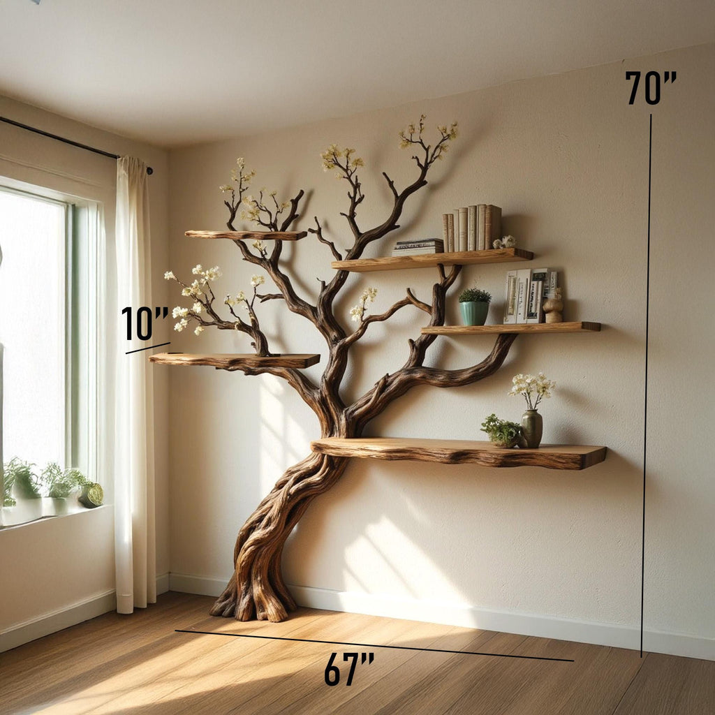 Flower tree branch bookshelf driftwoood tree shelf wall mount live edge shelving bookcase art decoration
