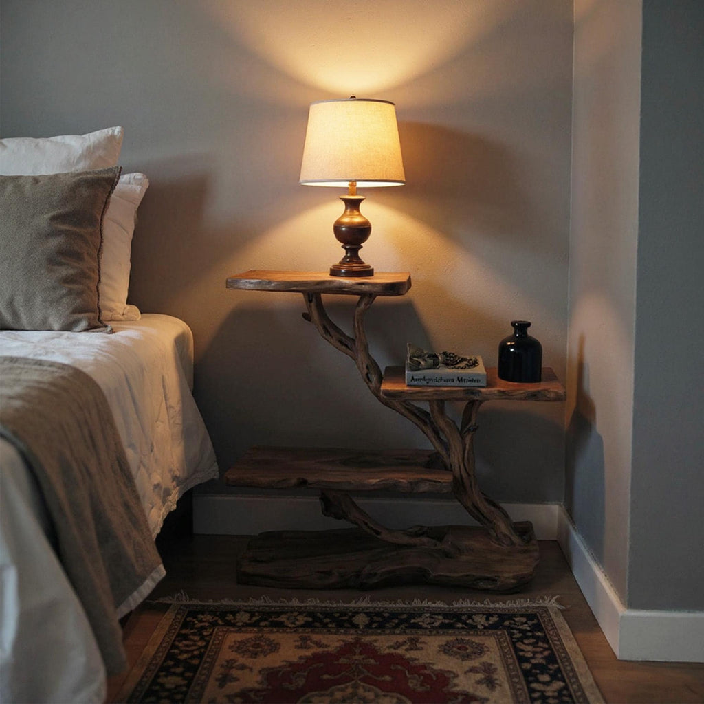 Driftwood nightstand bedside bookshelf tree branch bookcase free standing mini stand shelving rustic home decoration