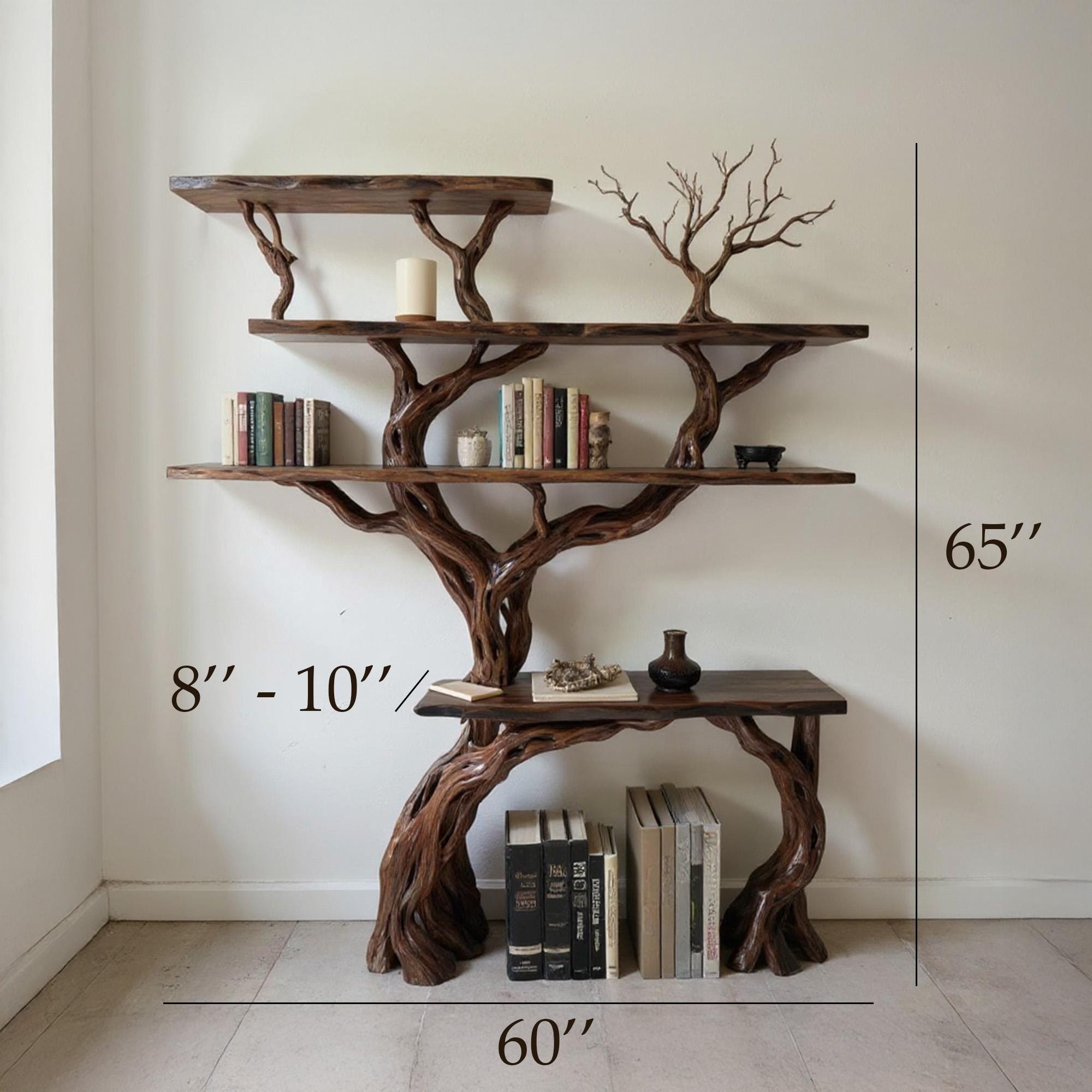 Tree branch bookcase solid wood bookshelf cabinet floating wall mount shelving rustic decoration
