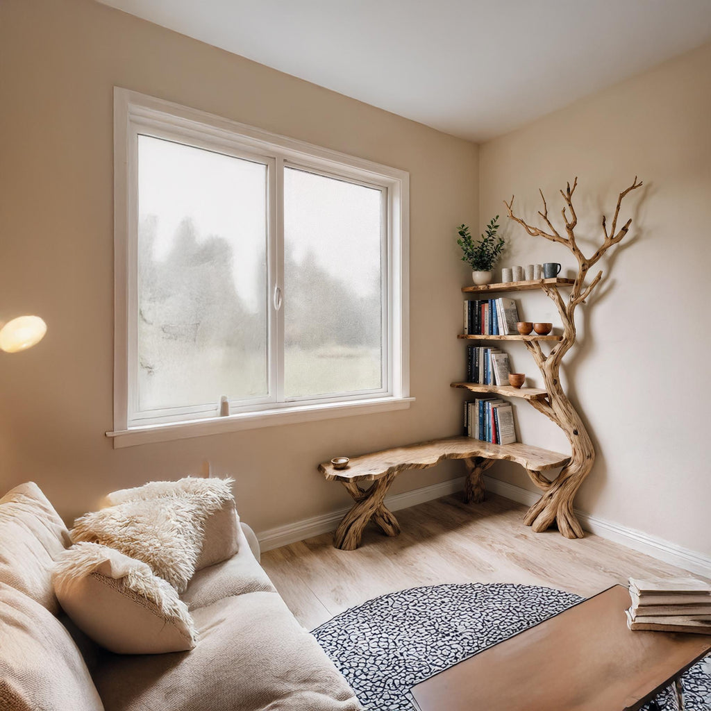 Driftwood Corner Bookshelf: Solid Wood Tree Branch Carving