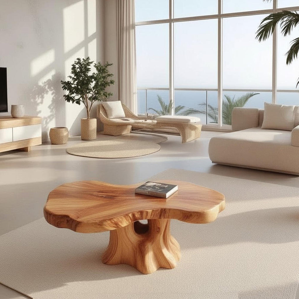 Live edge solid wood coffee table narrow oval dining table wood carving art wabi sabi living room furniture