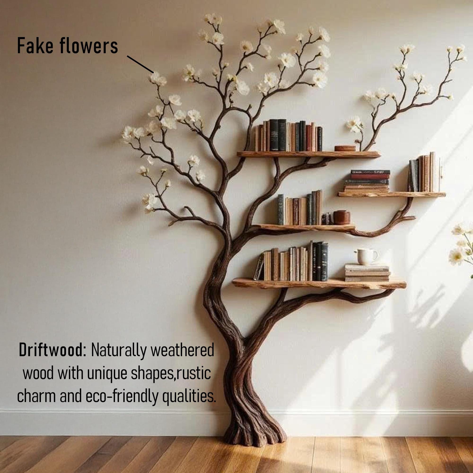 Tree bookshelf with natural driftwood branch wall mounted art solid wood bookcase handmade home decor gift