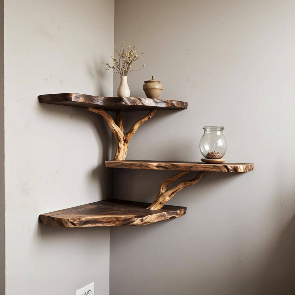 Driftwood corner wall shelf natural solidwood bookshelf art unique floating shelves wall mount handmade furniture decor