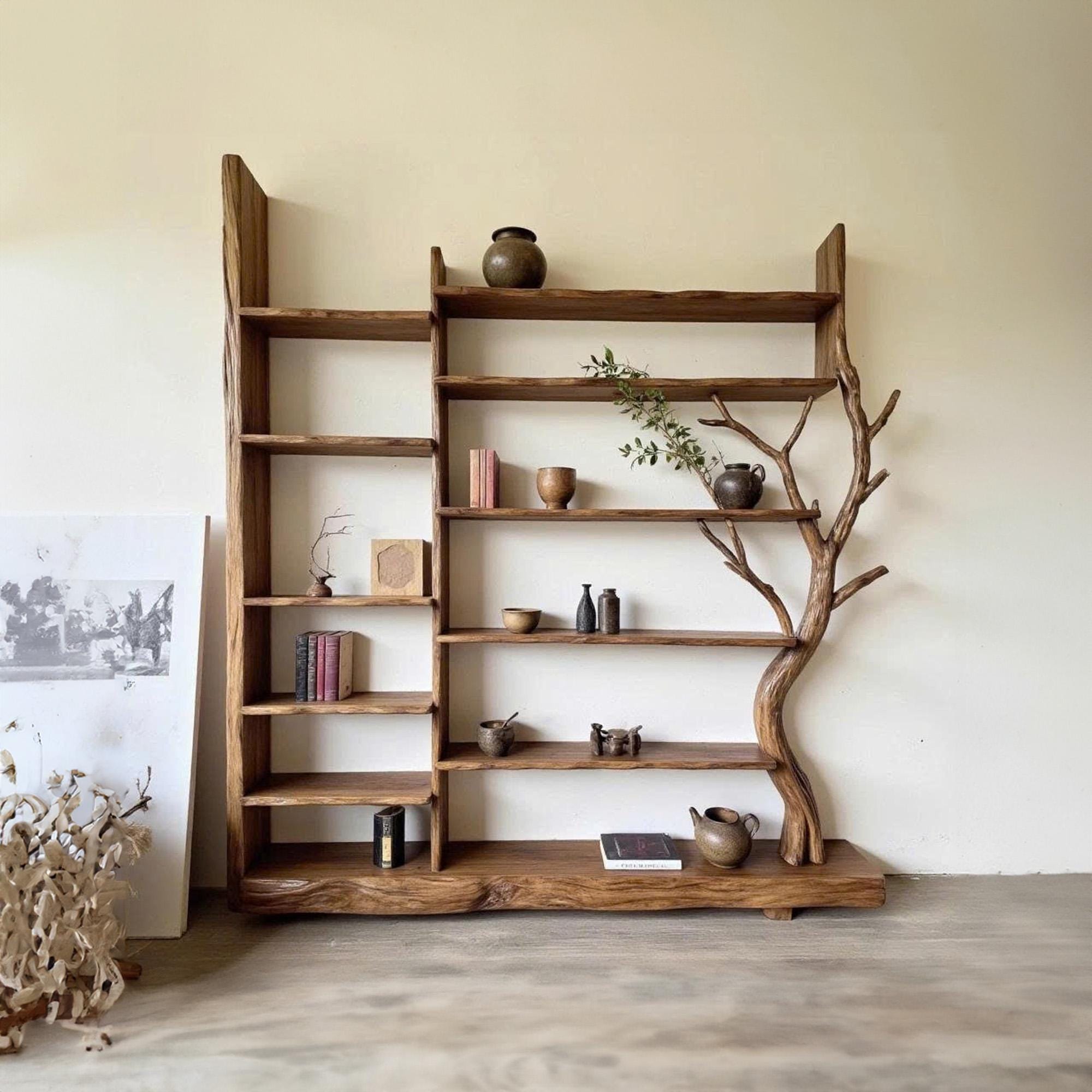 Handmade tree branch bookshelf solid wood live edge furniture display shelf bookcase decoration