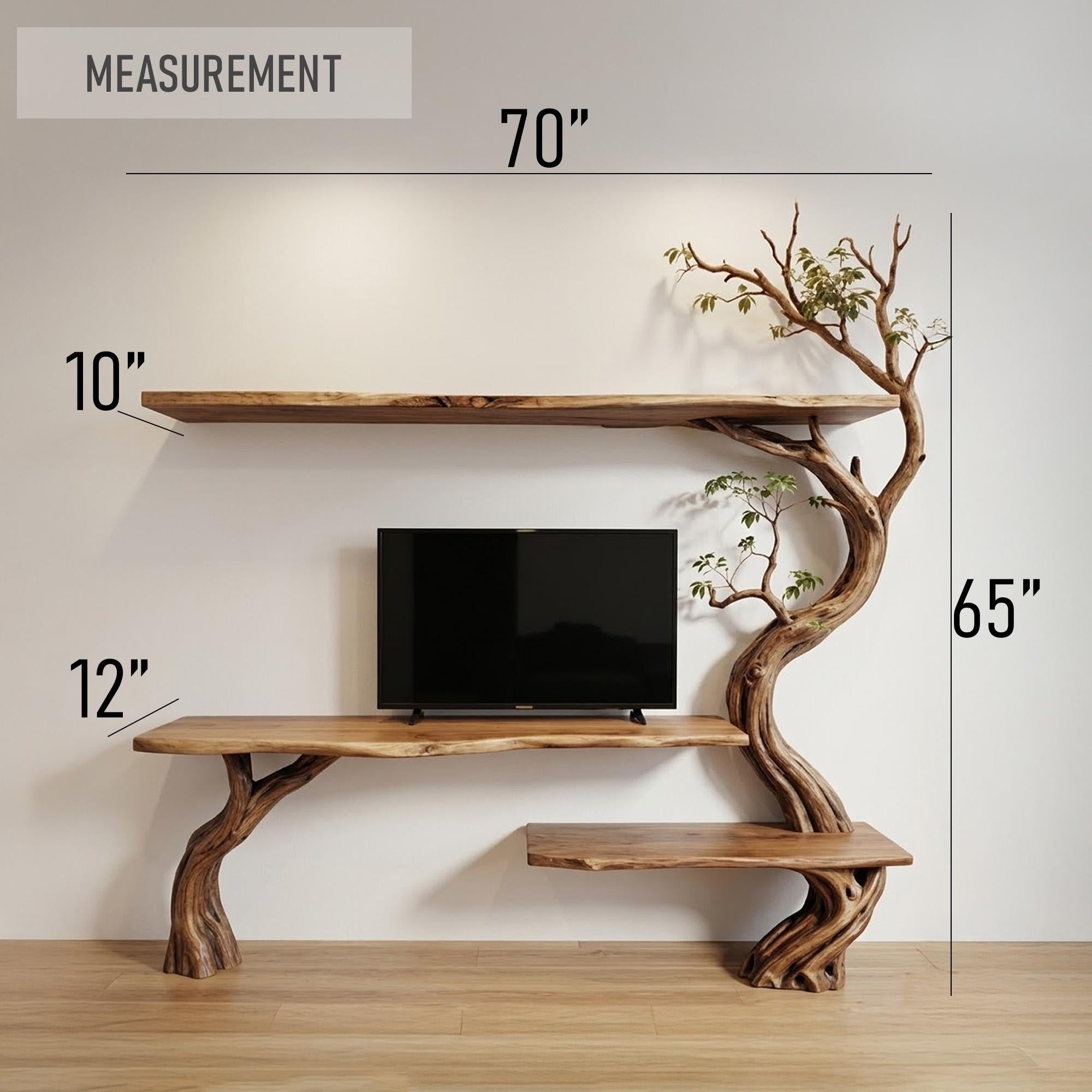 Tree branch tv stand solid wood bookshelf wall mounted live edge console table handmade entertainment center