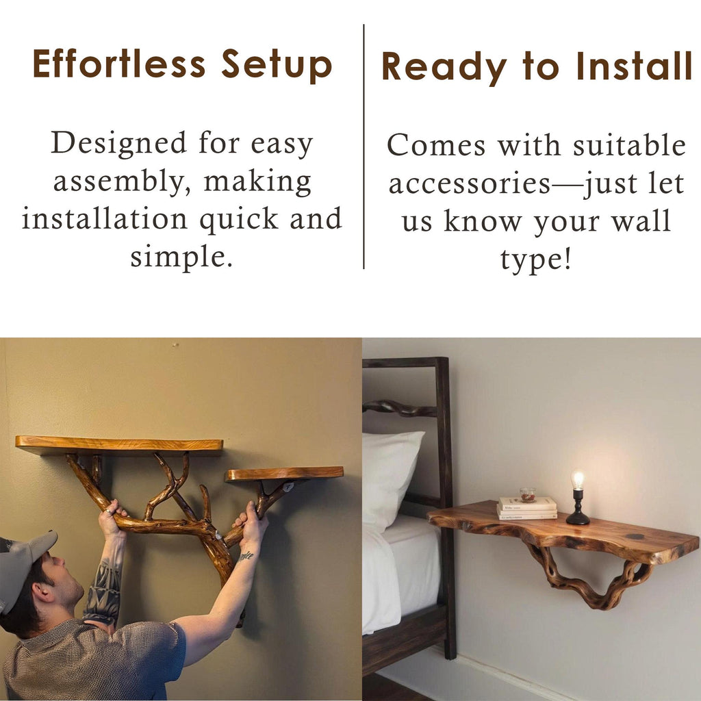 Floating shelf natural solid wood bookshelf rustic night stand mini bedside art tree driftwood branch shelf wall mount handmade furniture