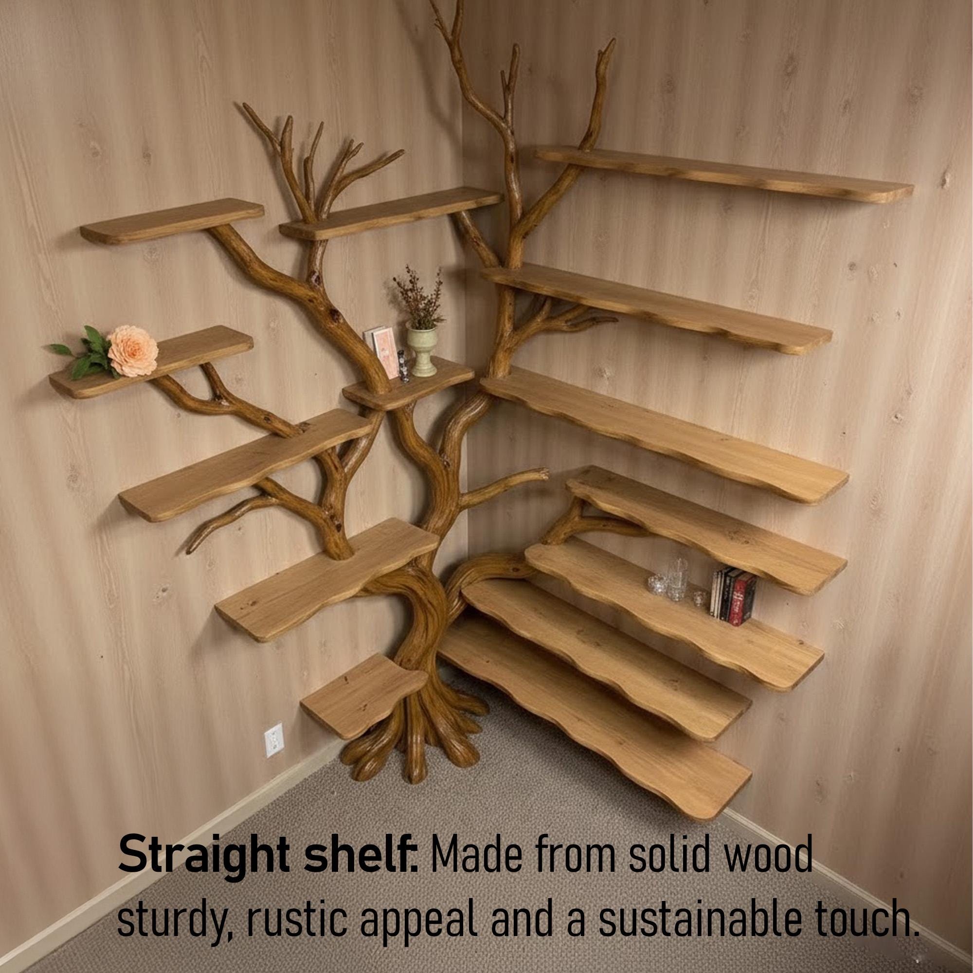 Corner bookshelf tree branch book shelf solid wood floating shelves wall art driftwood shelving decoration