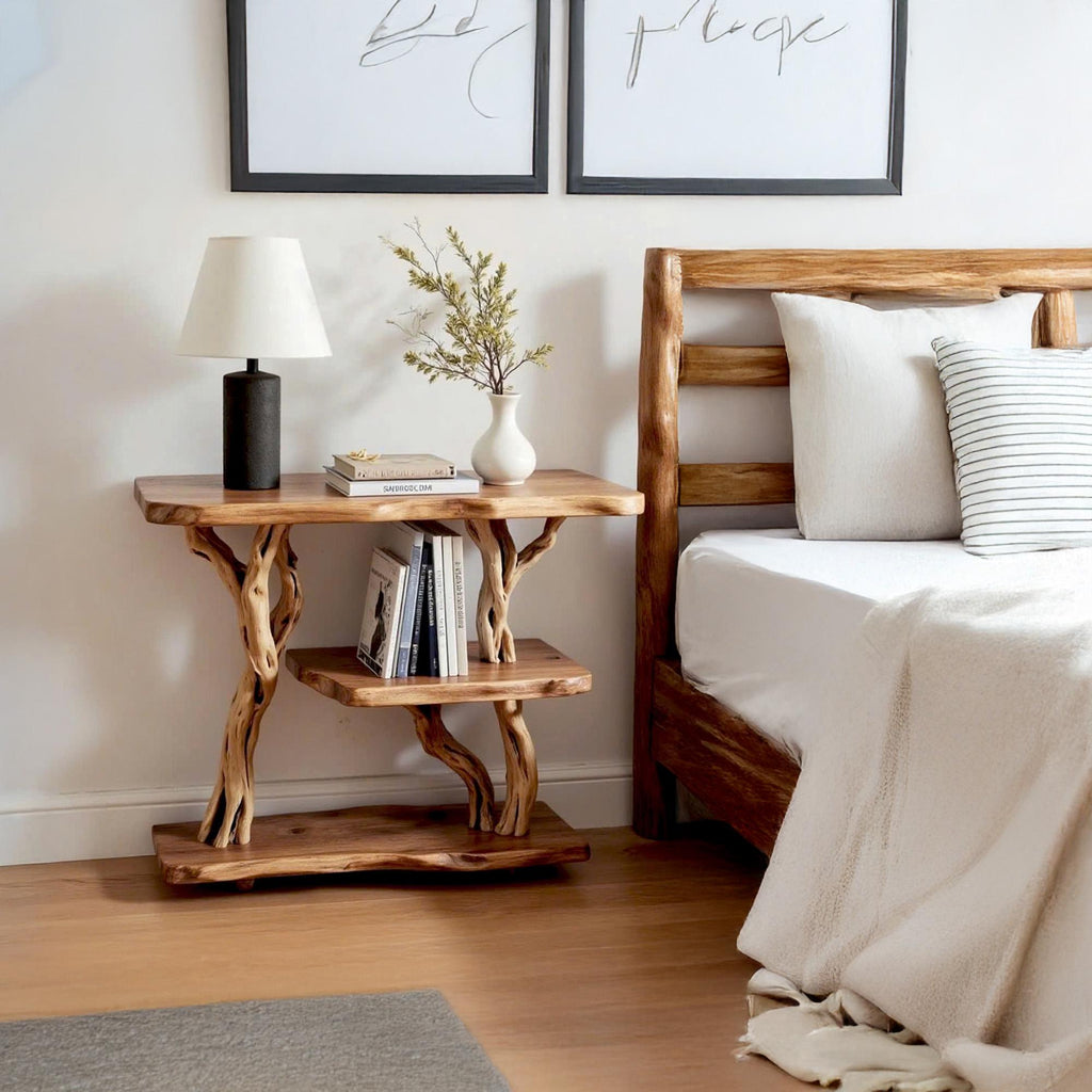 Solid wood bookcase nightstand free standing bookshelf tree branch driftwood plant stand rustic shelving handcrafted furniture