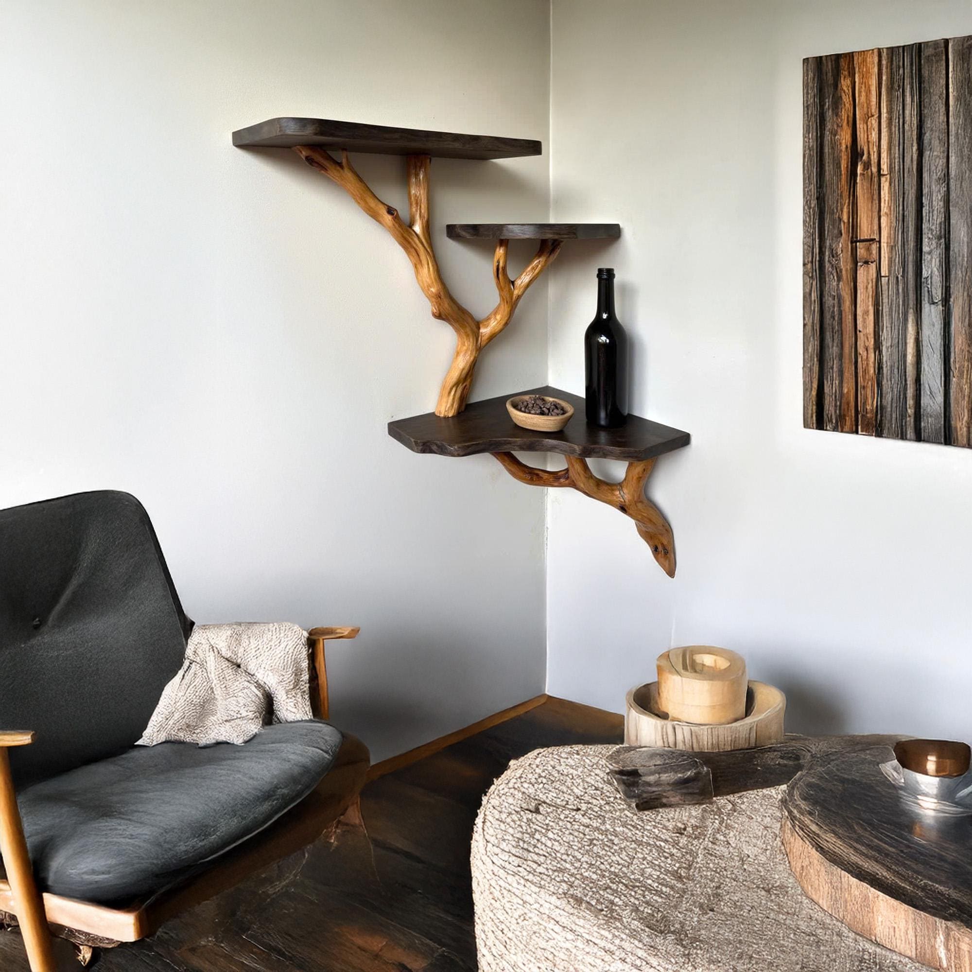 Wood corner floating bookshelf tree branch driftwood wall mount shelving branch shelf art handmade furniture