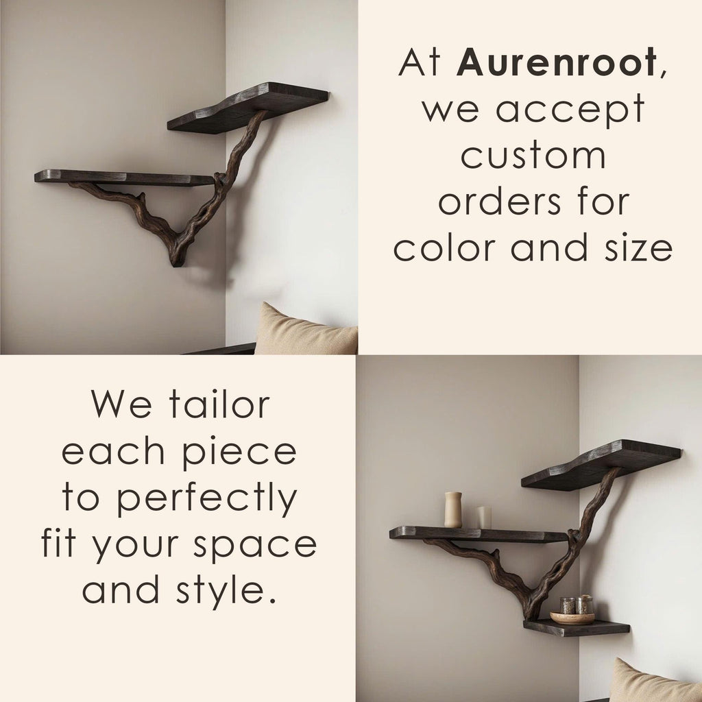 Tree branch bookshelf floating corner black wall shelf driftwood shelves gift for the home