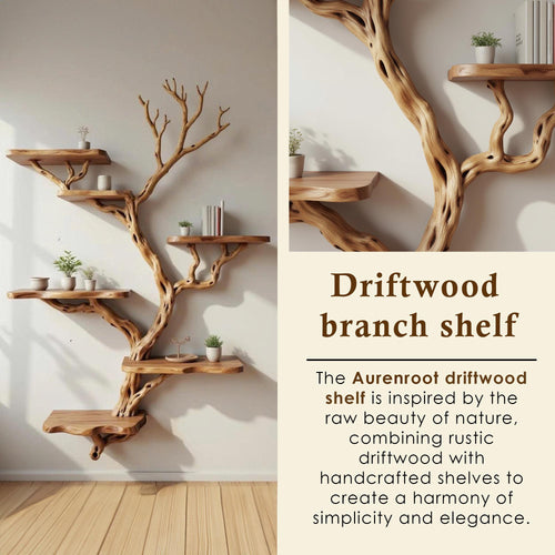 Driftwood branch floating book shelf wall mount solid wood bookcase tree branch wall art