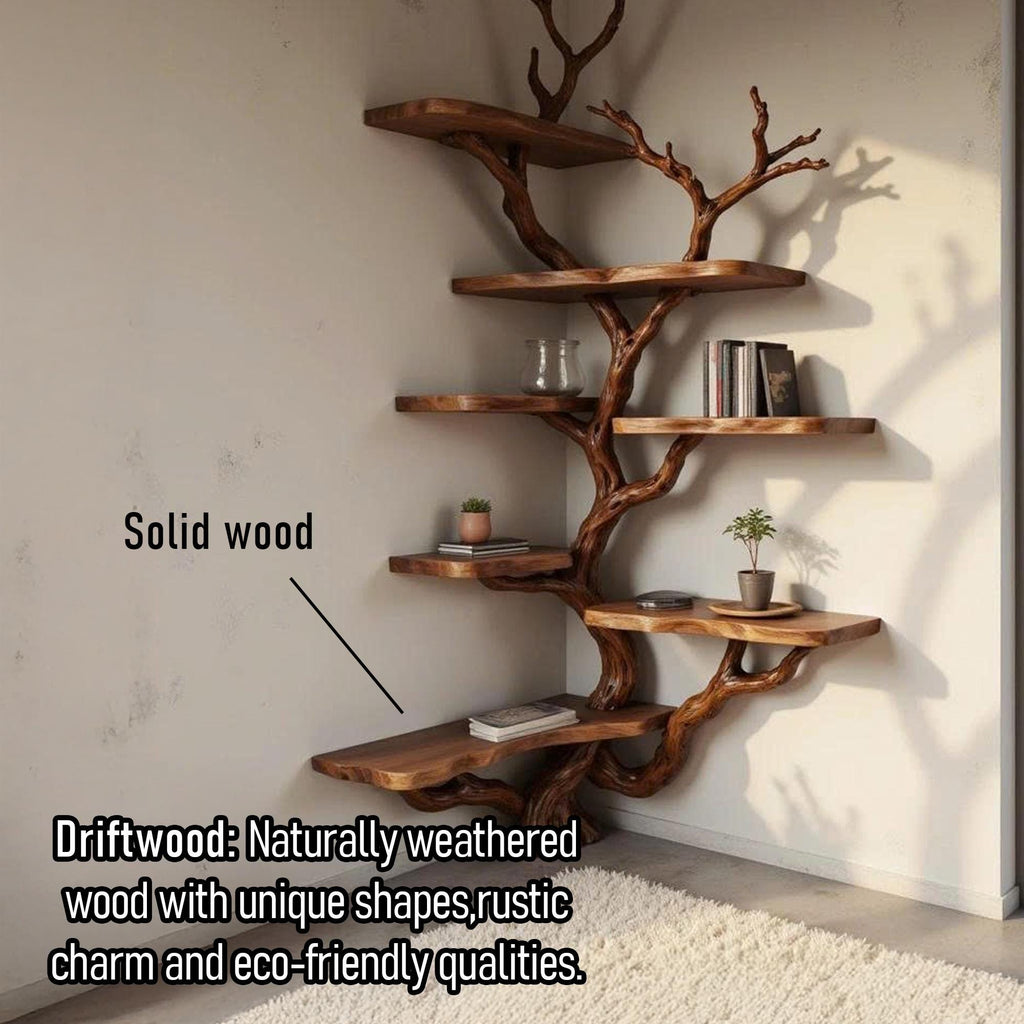 Tree corner bookshelf driftwood branch shelf solid wood bookcase on wall art home decor