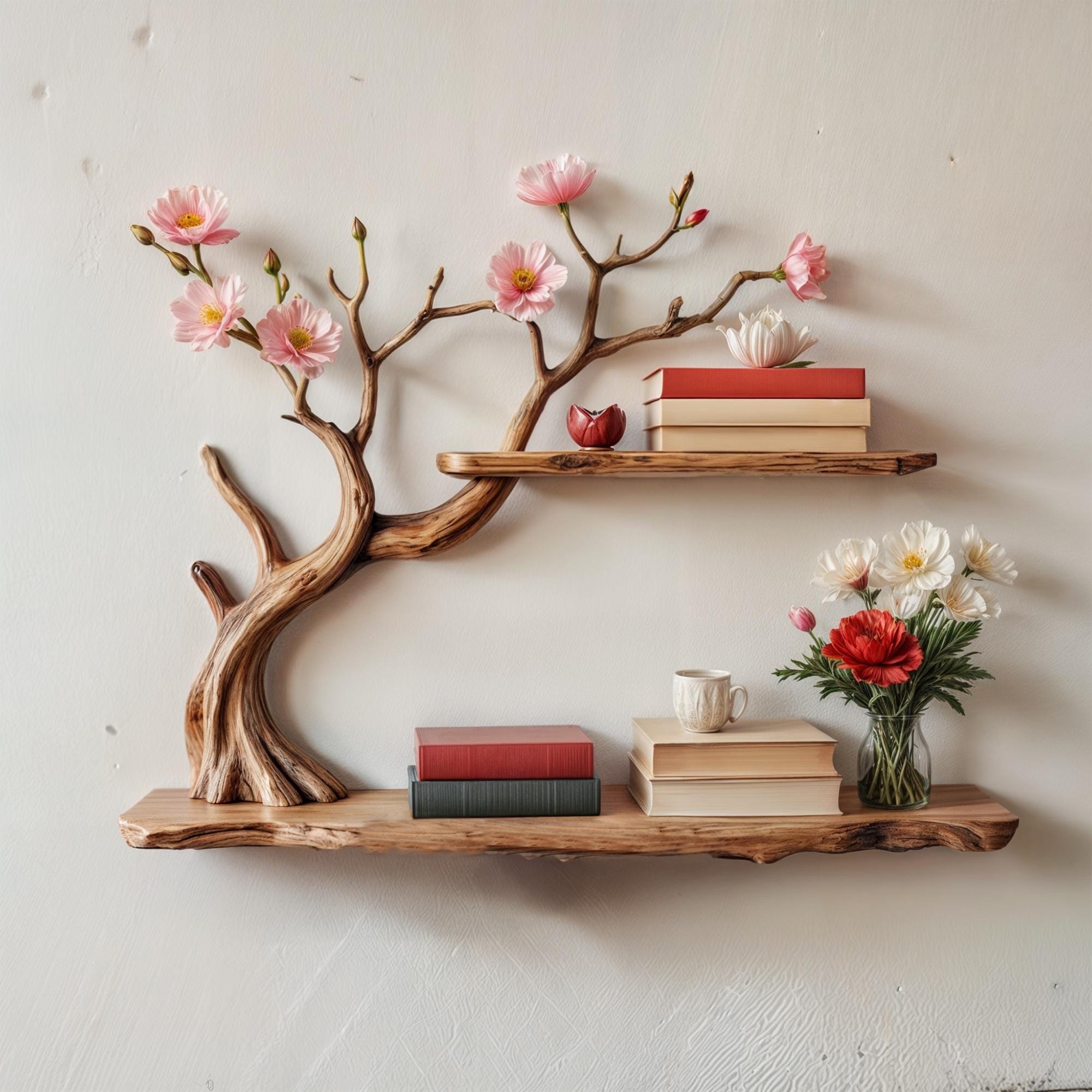 Natural driftwood shelf handcrafted tree bookshelf wall mount rustic solid wood bookcase for entryway space decor