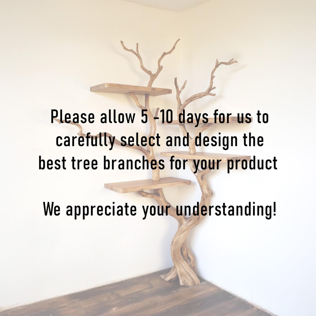 Corner tree floating bookshelf driftwood branch live edge corner tree shelf art wall mount rustic decor living room