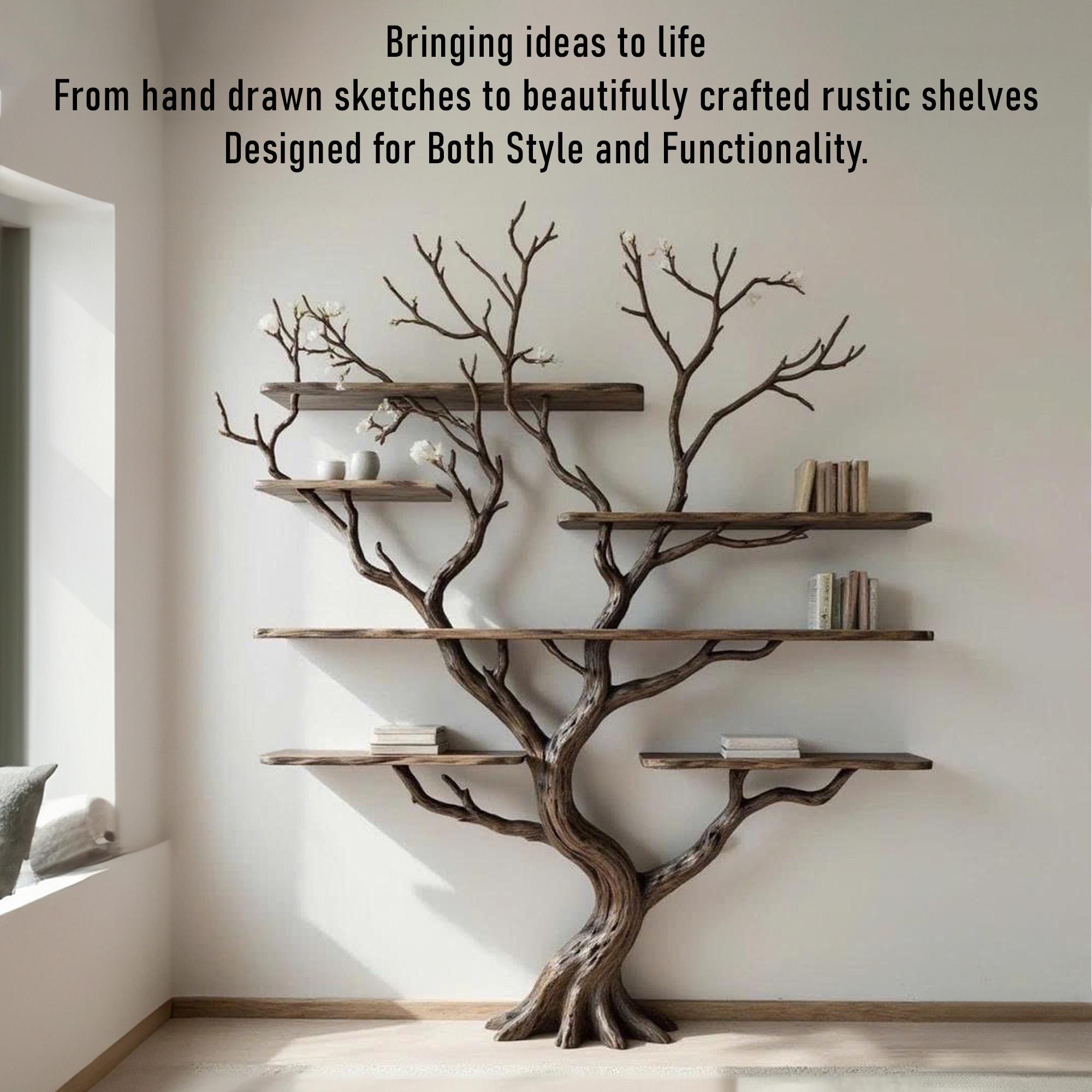Driftwood Tree Branch Bookshelf: Rustic Wood Carving Wall Art