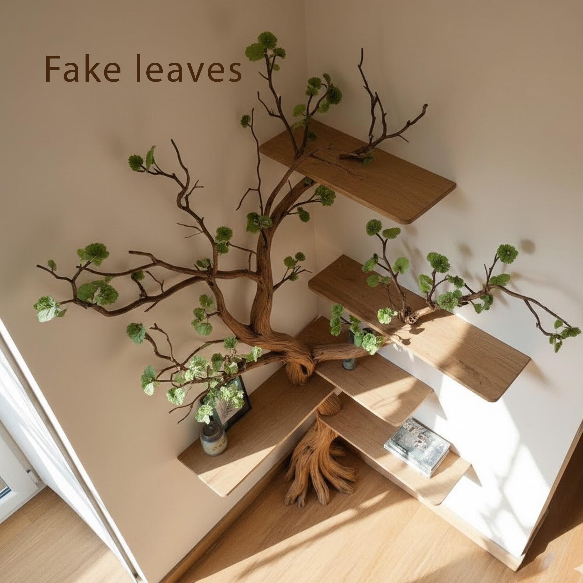 Corner tree branch book shelf standing bookcase solid wood floating shelves on wall driftwood shelving art