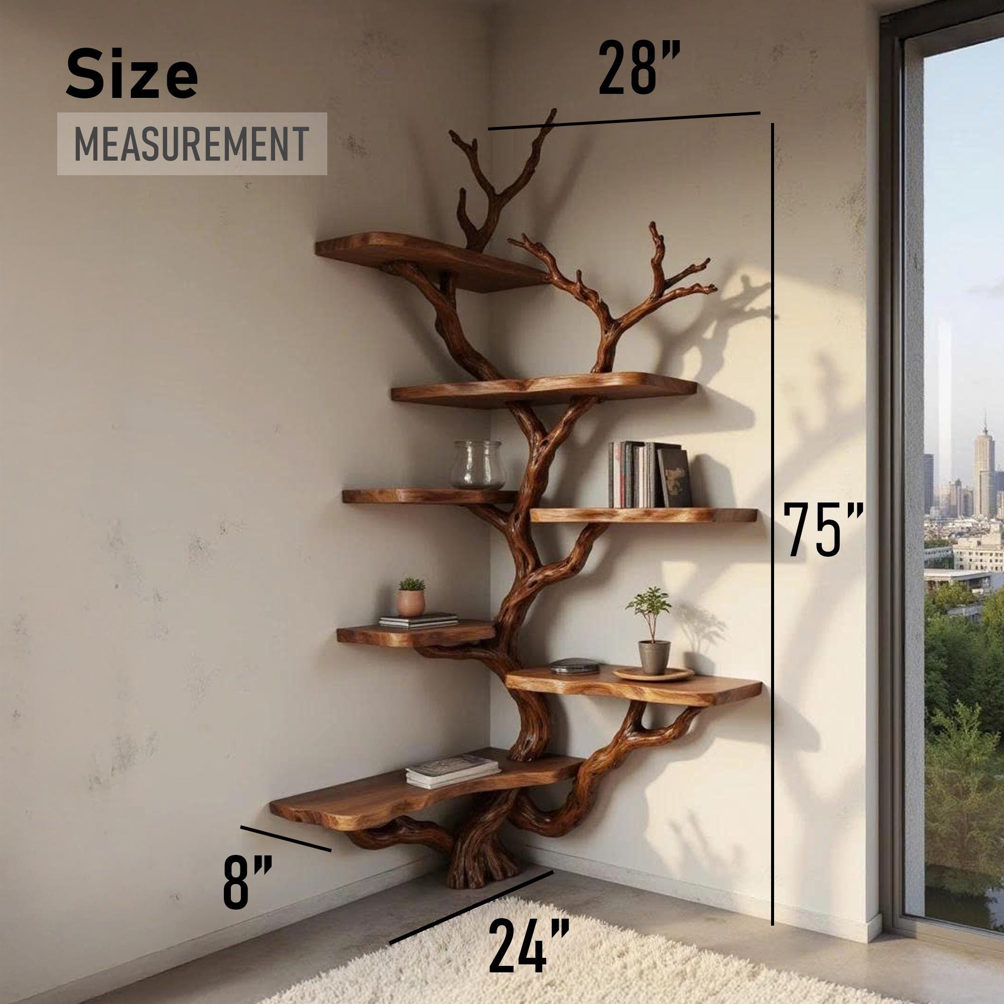 Tree corner bookshelf driftwood branch shelf solid wood bookcase on wall art home decor