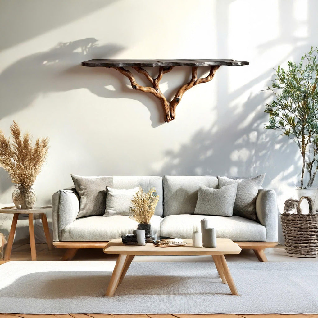 Floating wood tree shelf natural bookshelf solid wood rustic furniture wall mount tree branch shelving handmade furniture decorative