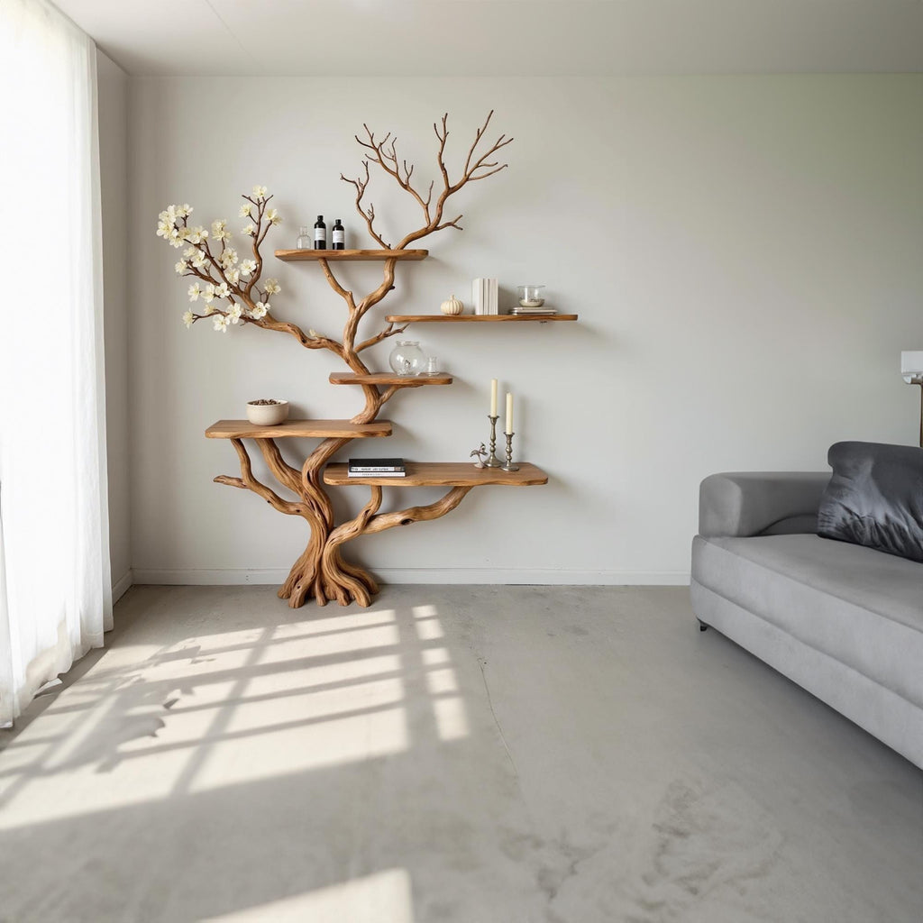 Tree branch bookshelf solid wood console table wall mount driftwood carving art decor