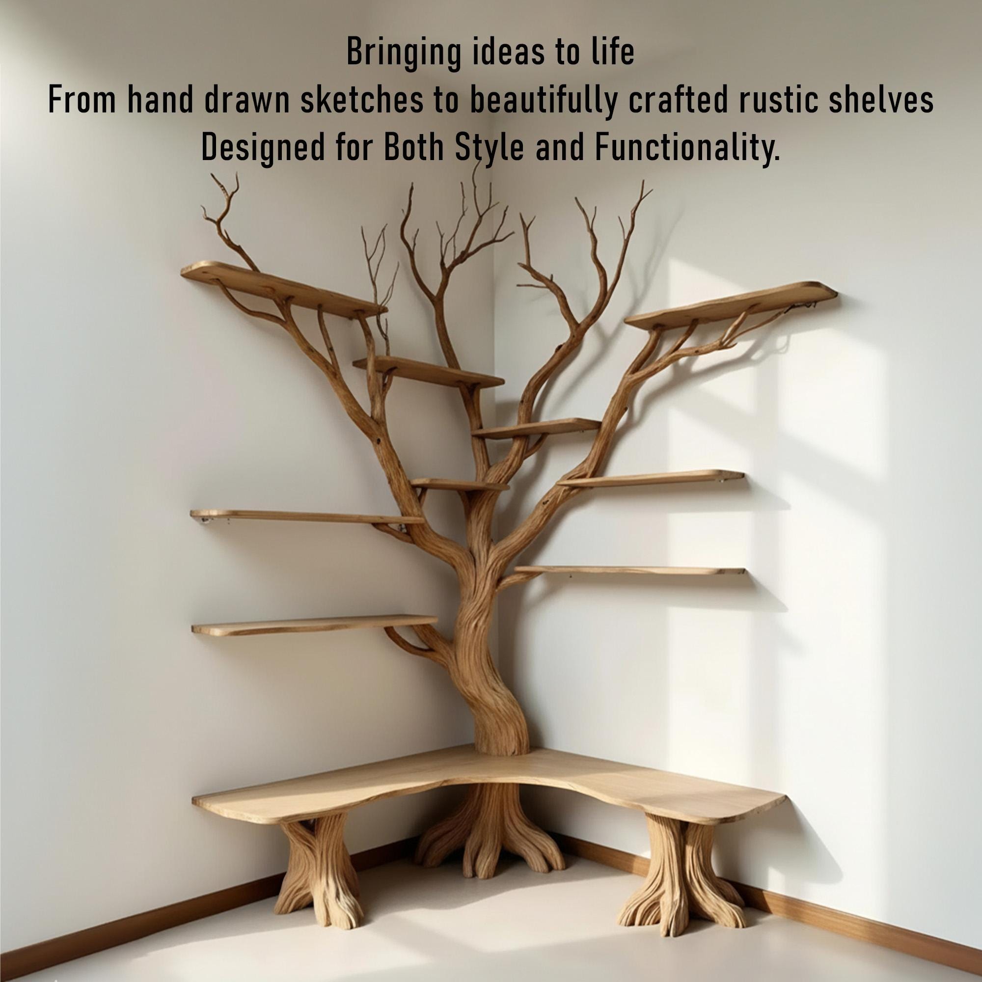 Floor bookcase corner floating wood shelves tree branch shelf on wall driftwood carving