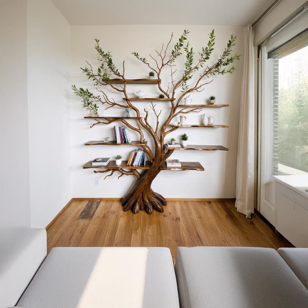 Tree branch bookshelf driftwood shelf on wall art solid wood bookcase book shelf unique decor