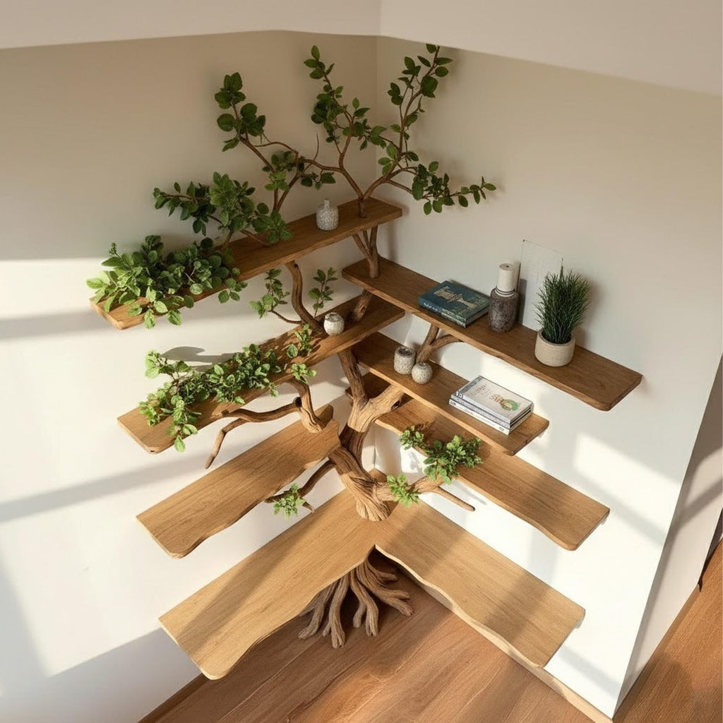 Corner floating bookshelf wall mount tree branch bookcase sculptured shelving furniture