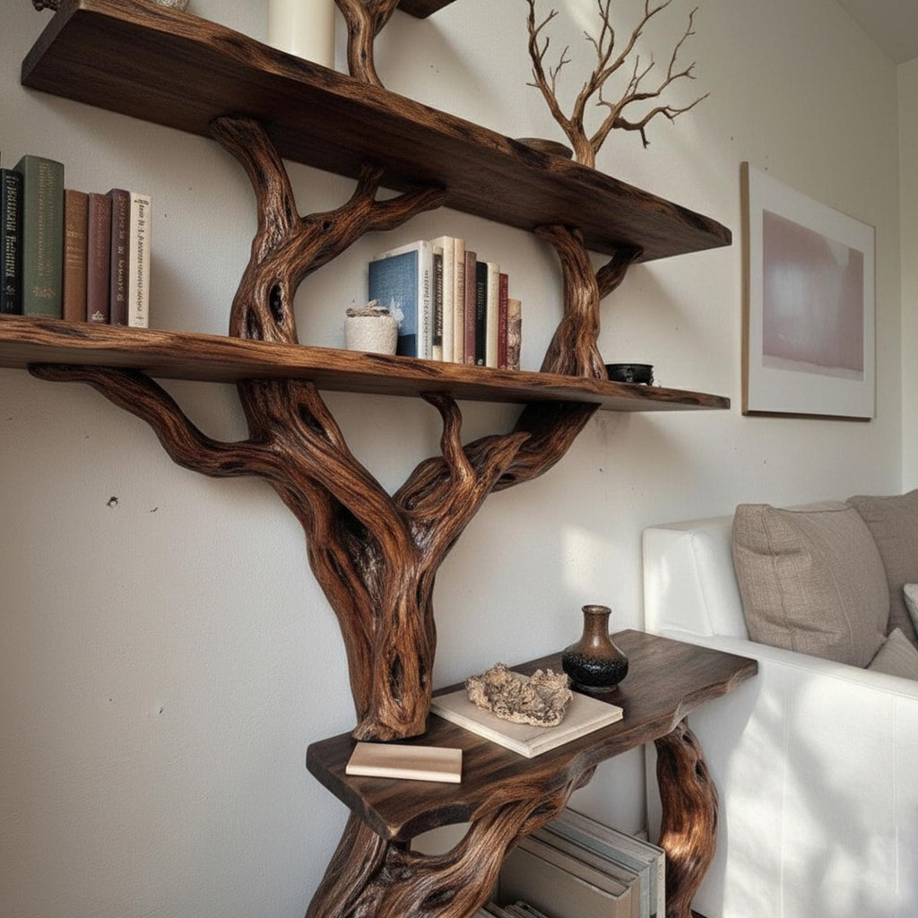 Tree branch bookcase solid wood bookshelf cabinet floating wall mount shelving rustic decoration
