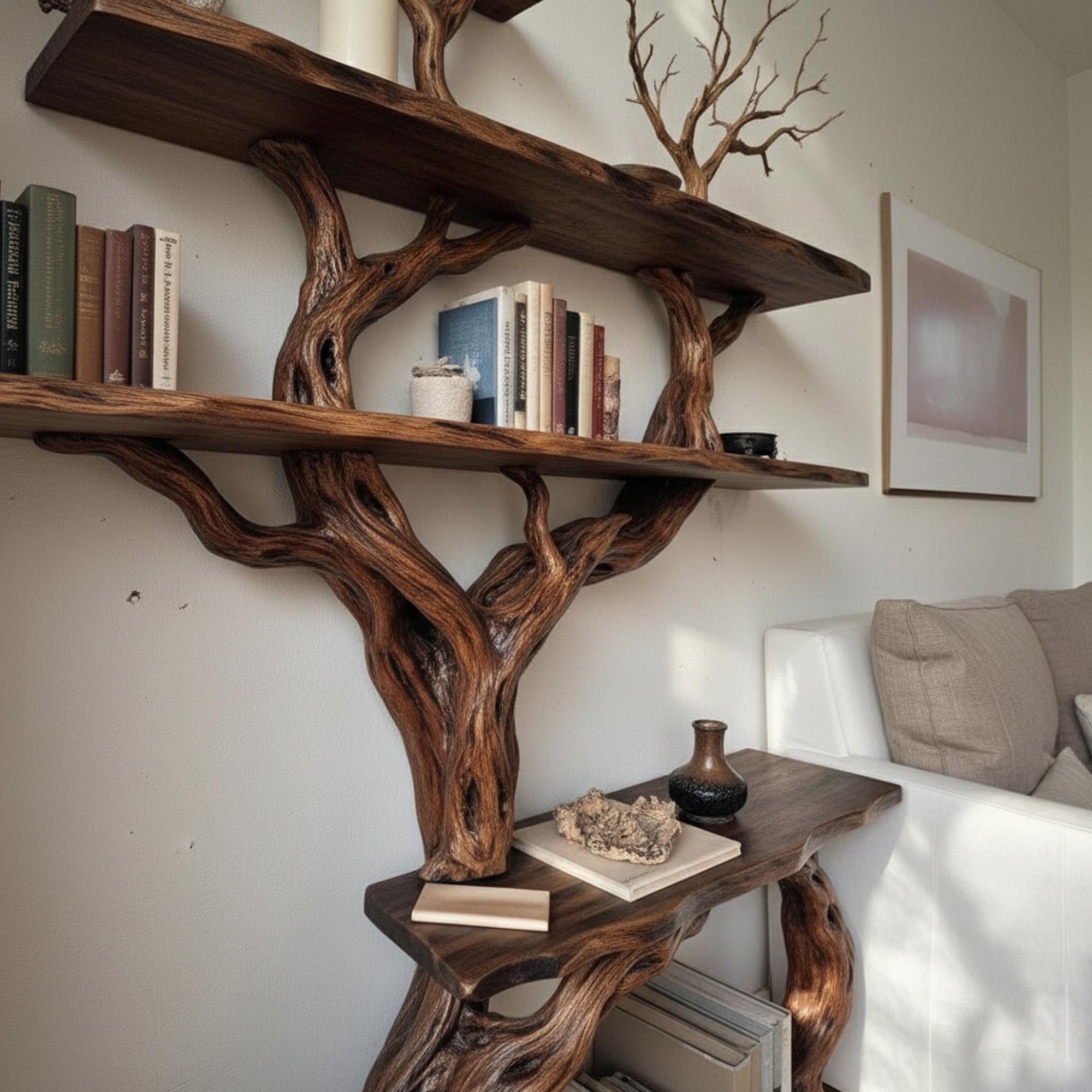 Tree branch bookcase solid wood bookshelf cabinet floating wall mount shelving rustic decoration