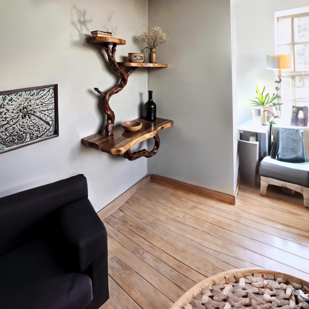 Floating book shelf wood corner tree branch shelves wall mount unique bookshelf decor driftwood art decor for home