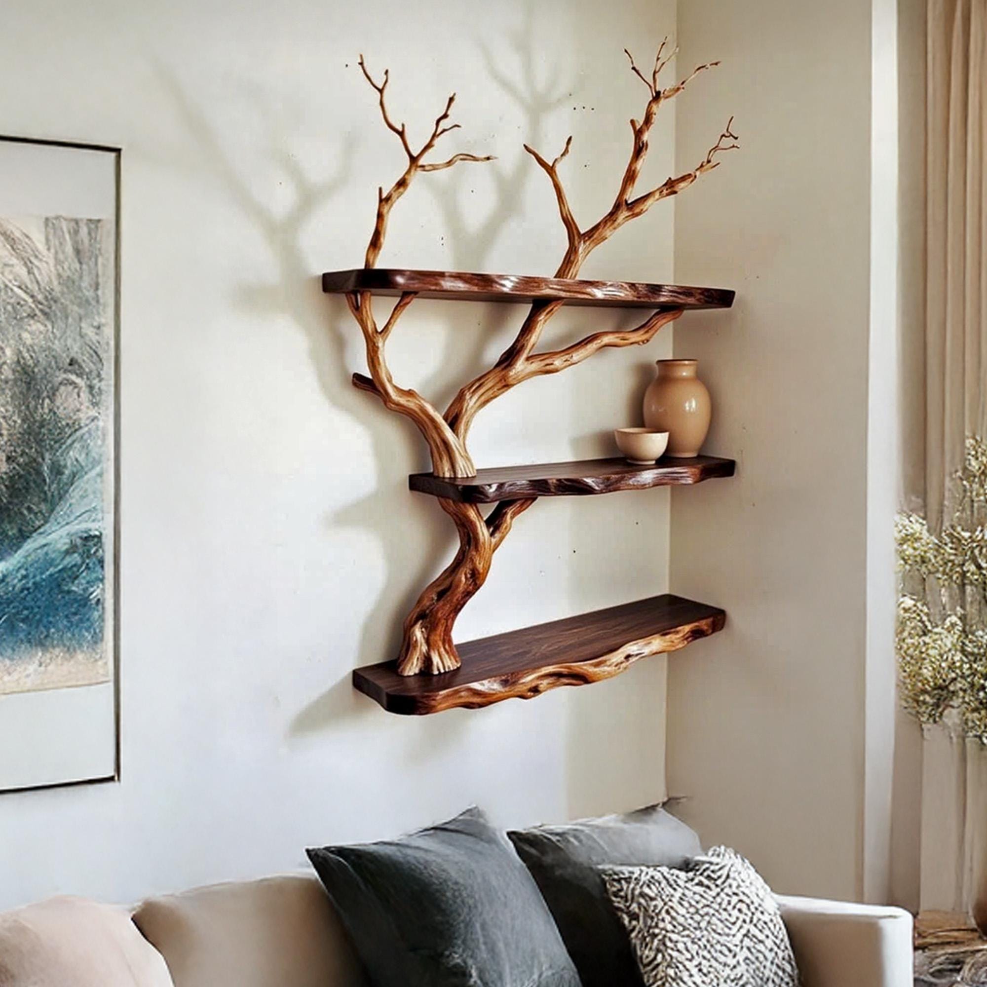 Corner floating shelf tree branch dirftwood wall mount bookshelf solid wood tree shelf art rustic home decoration gifts for mom