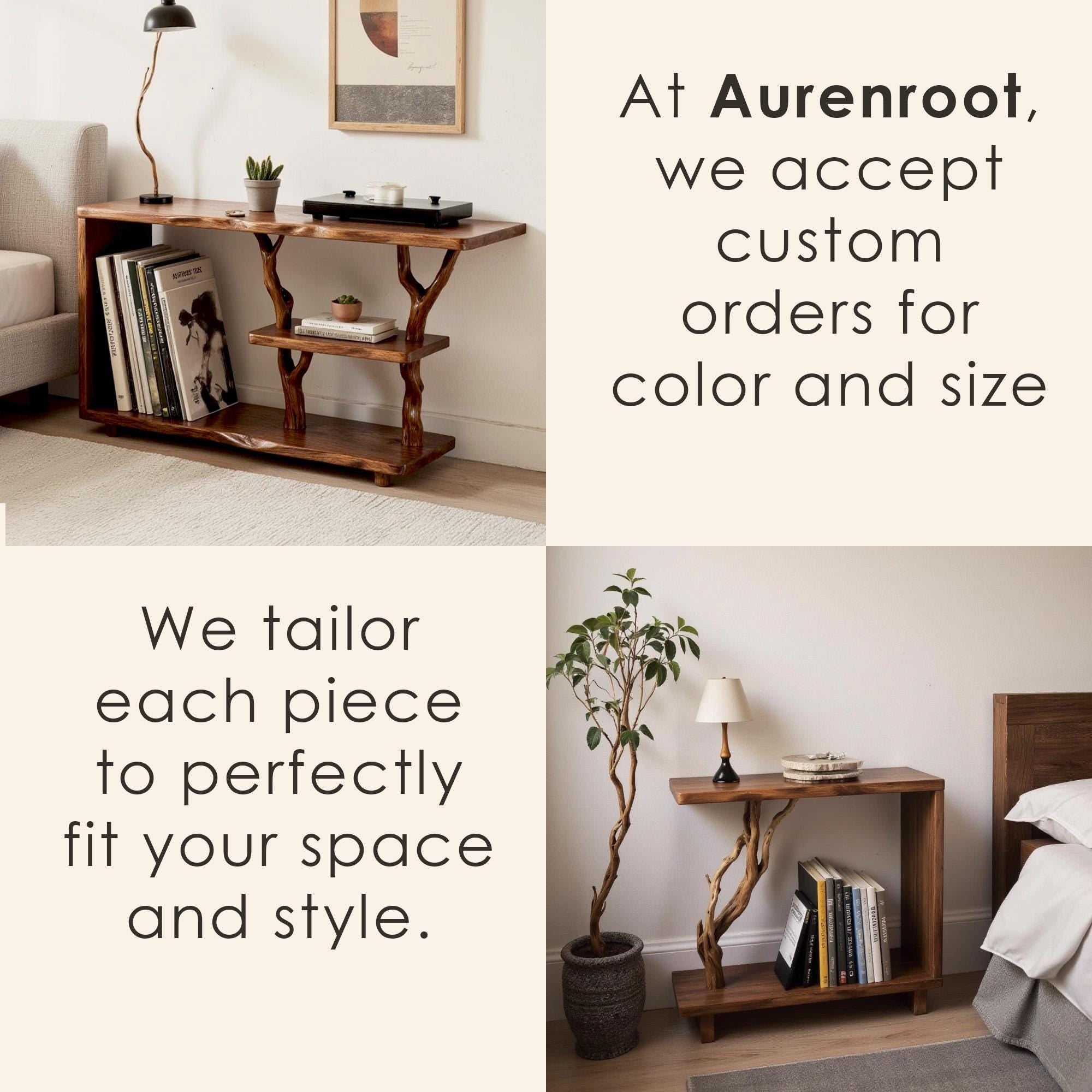 Driftwood solid wood bookcase tree branch bookshelf nightand plant stand handcrafted rustic living room furniture