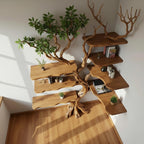 Corner tree floating bookshelf tree branch fake leaves bookcase wall mount live edge driftwood shelf