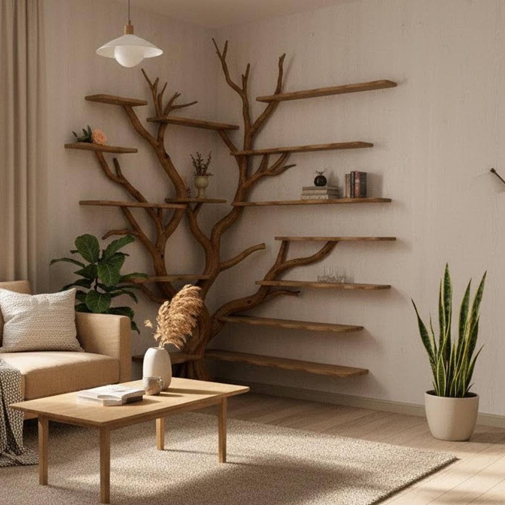 Corner bookshelf tree branch book shelf solid wood floating shelves wall art driftwood shelving decoration