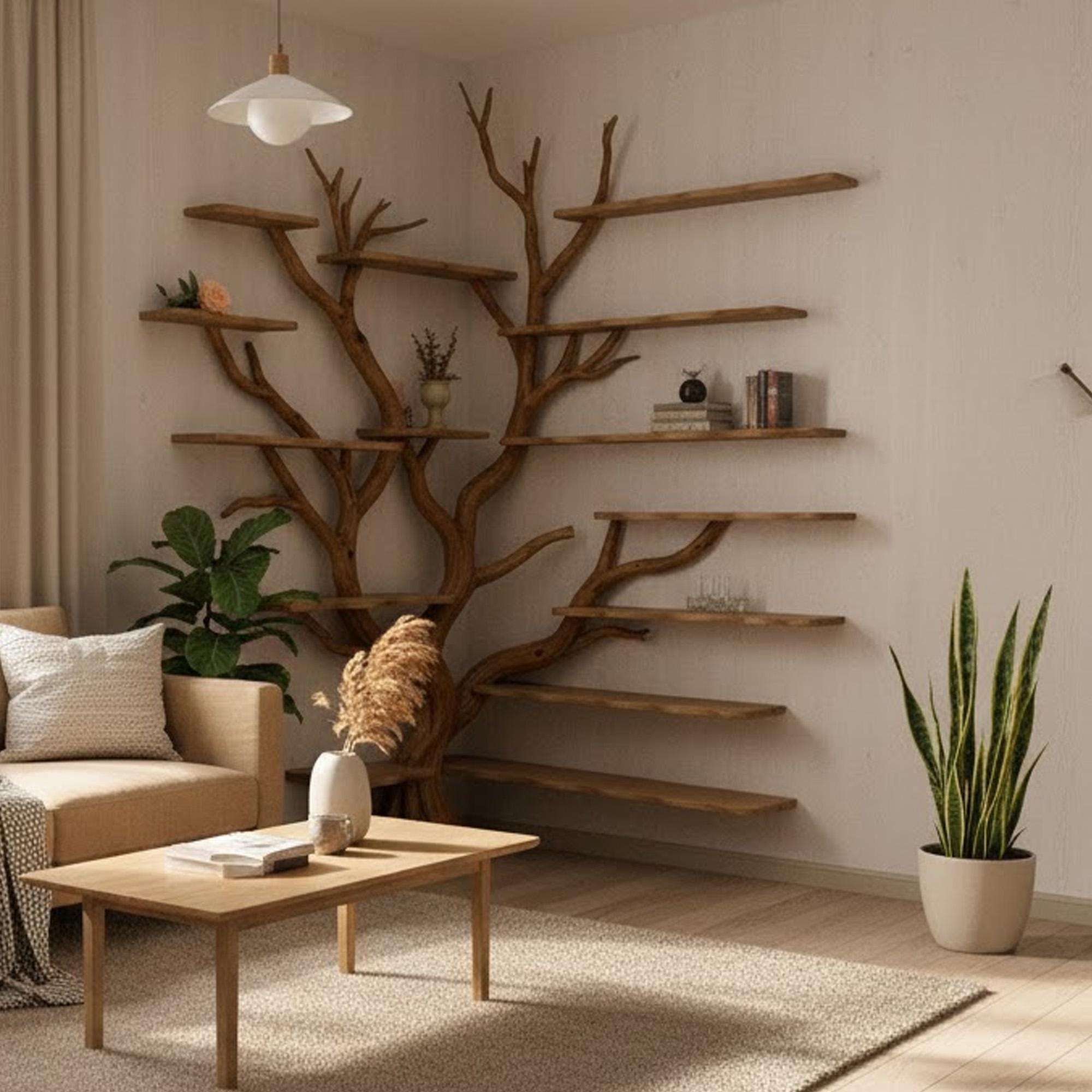 Corner bookshelf tree branch book shelf solid wood floating shelves wall art driftwood shelving decoration