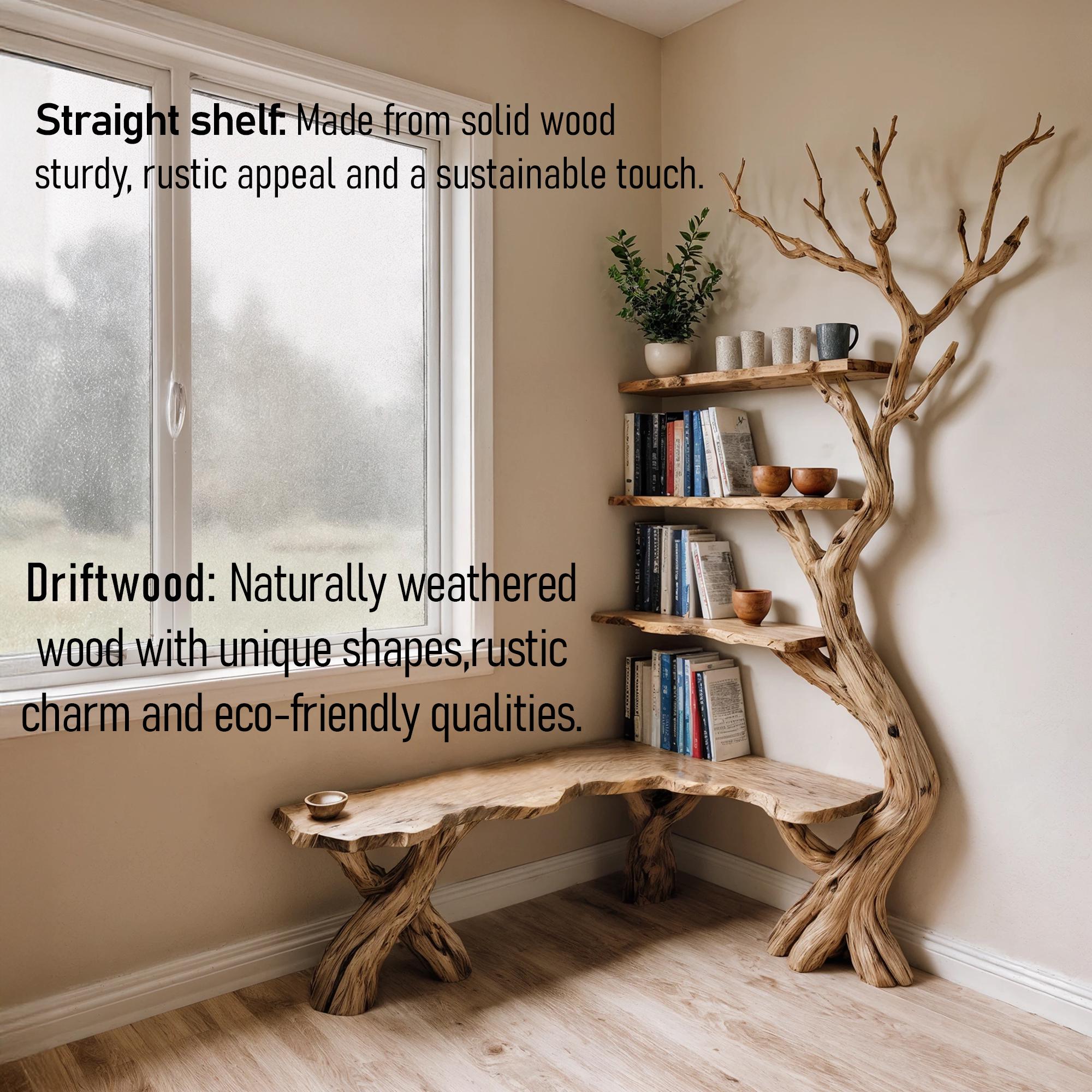 Driftwood Corner Bookshelf: Solid Wood Tree Branch Carving