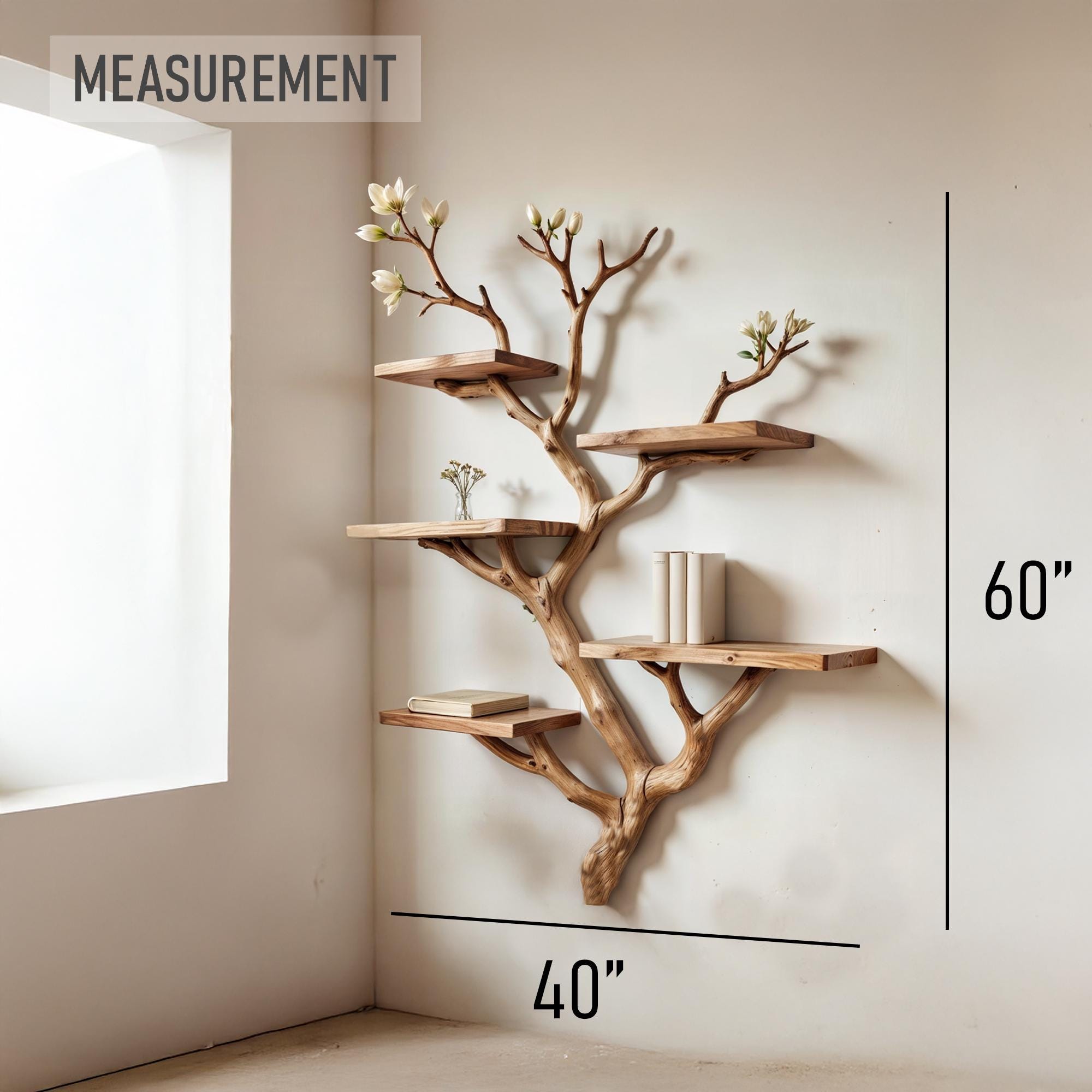 Natural tree bookshelf driftwood branch shelf art solid wood bookshelf floating shelf wall mount bookshelf decor