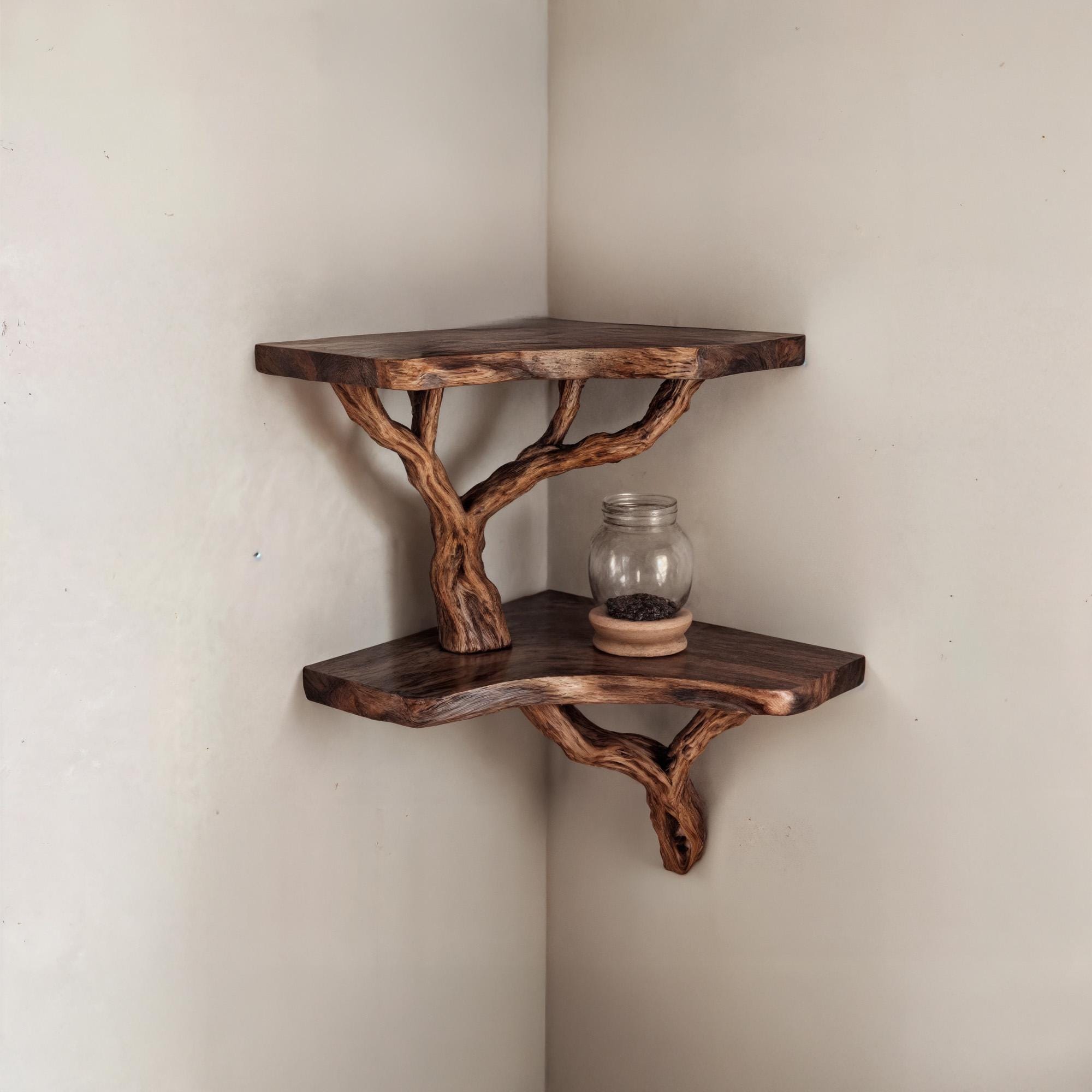 Driftwood corner wall shelf natural solid wood bookshelf art tree branch bookshelves unique floating shelves wall mount handmade furniture