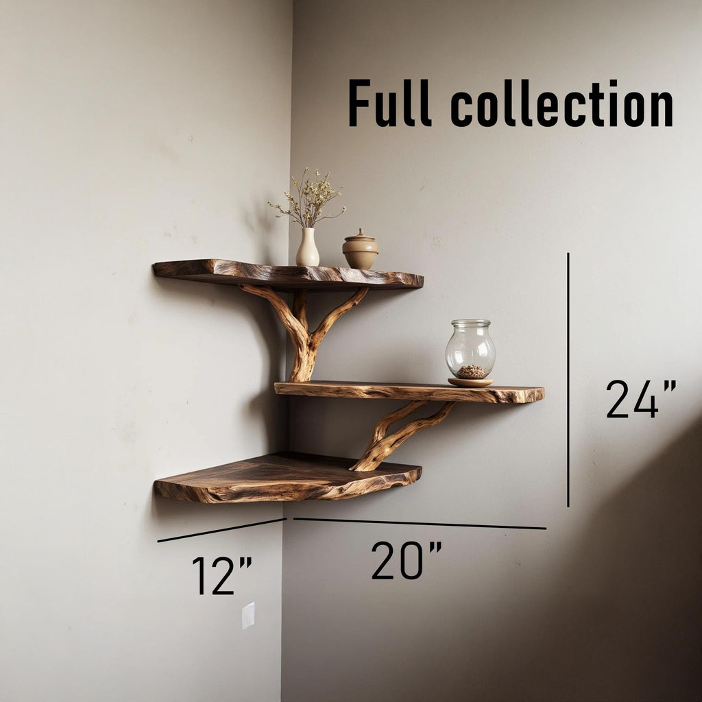 Driftwood corner wall shelf natural solidwood bookshelf art unique floating shelves wall mount handmade furniture decor