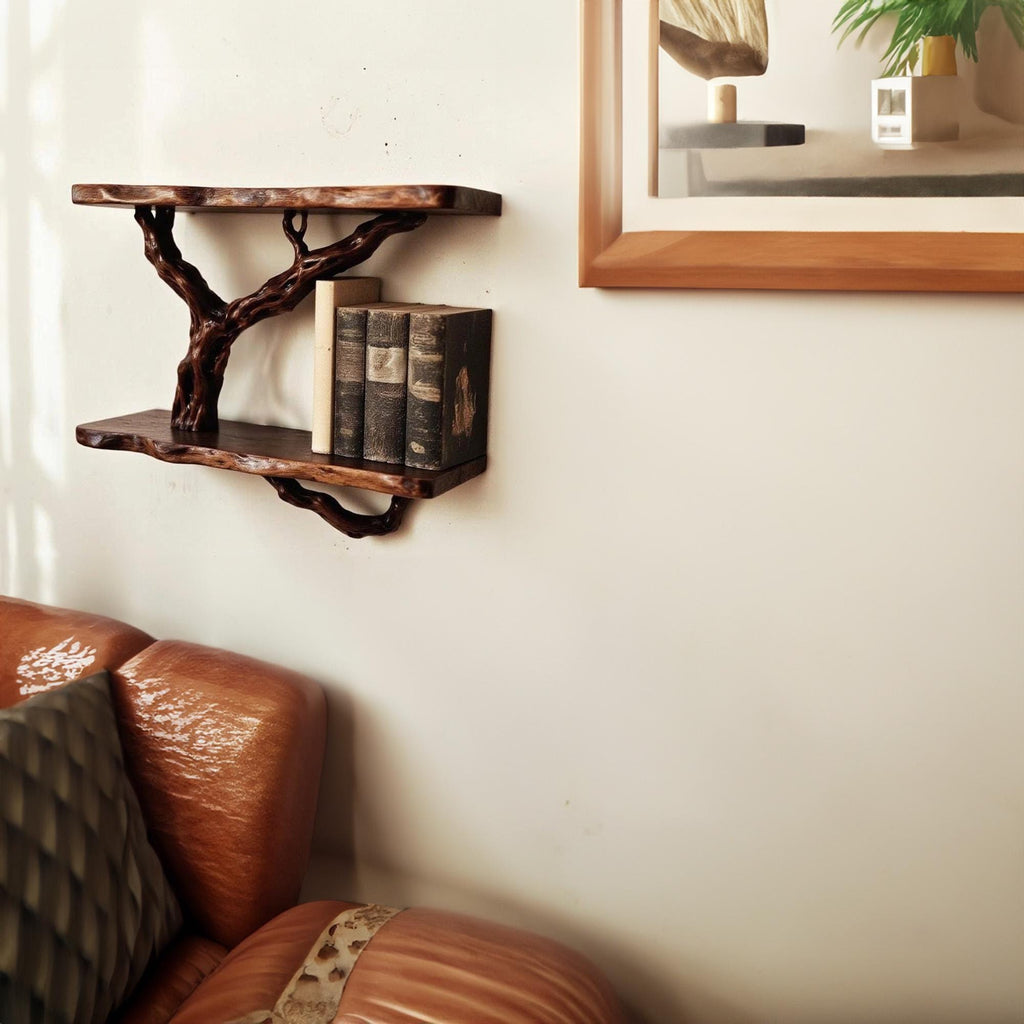 Driftwood floating bookshelf solid wood walnut bookcase on wall book shelf decor entryway