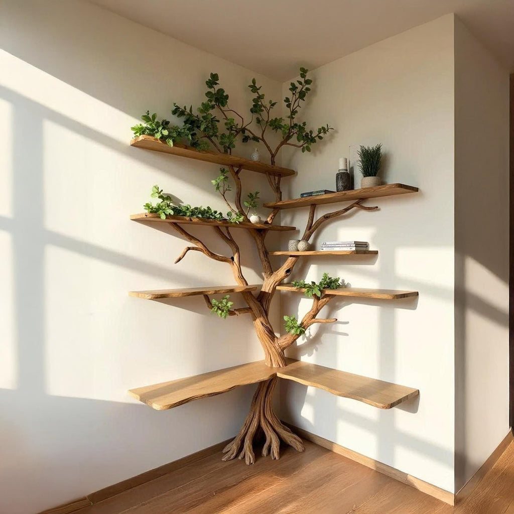 Corner floating bookshelf wall mount tree branch bookcase sculptured shelving furniture