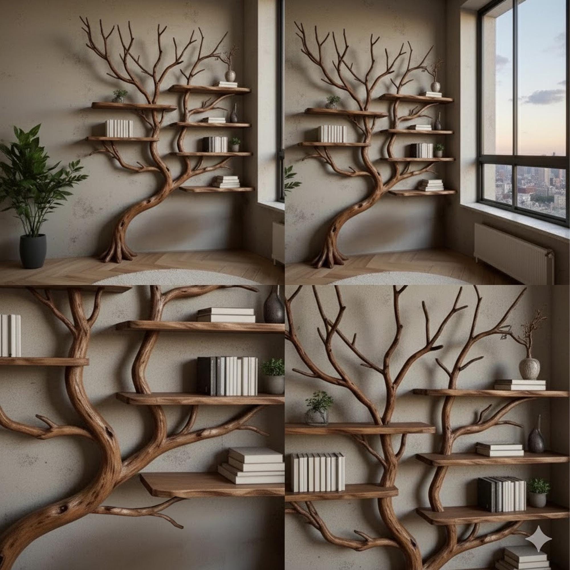 Corner driftwood tree branch solid wood bookshelf wall mount floating live edge furniture decoration