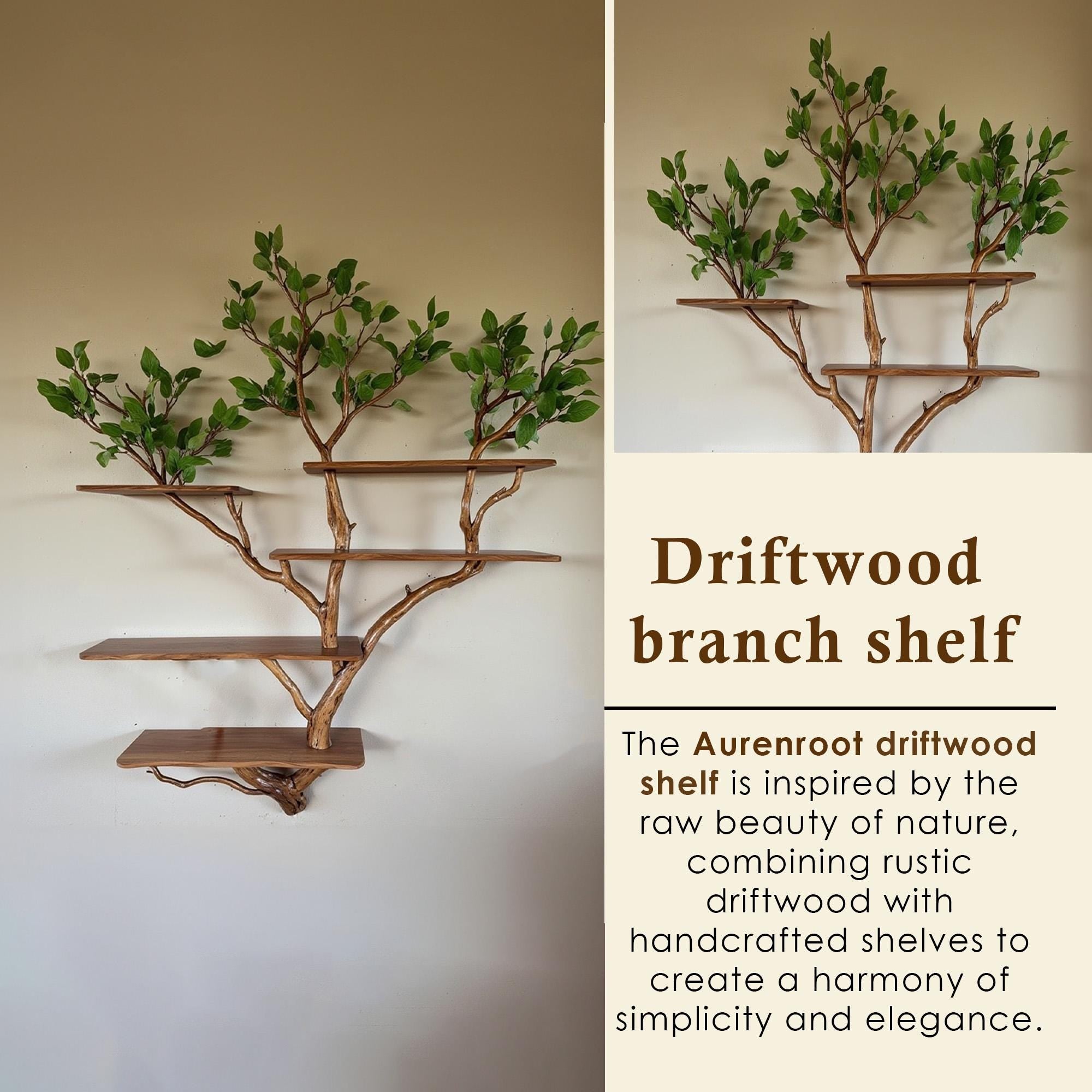 Natural driftwood tree branch floating bookshelf wall mount solid wood bookcase with fake leaf decor for home