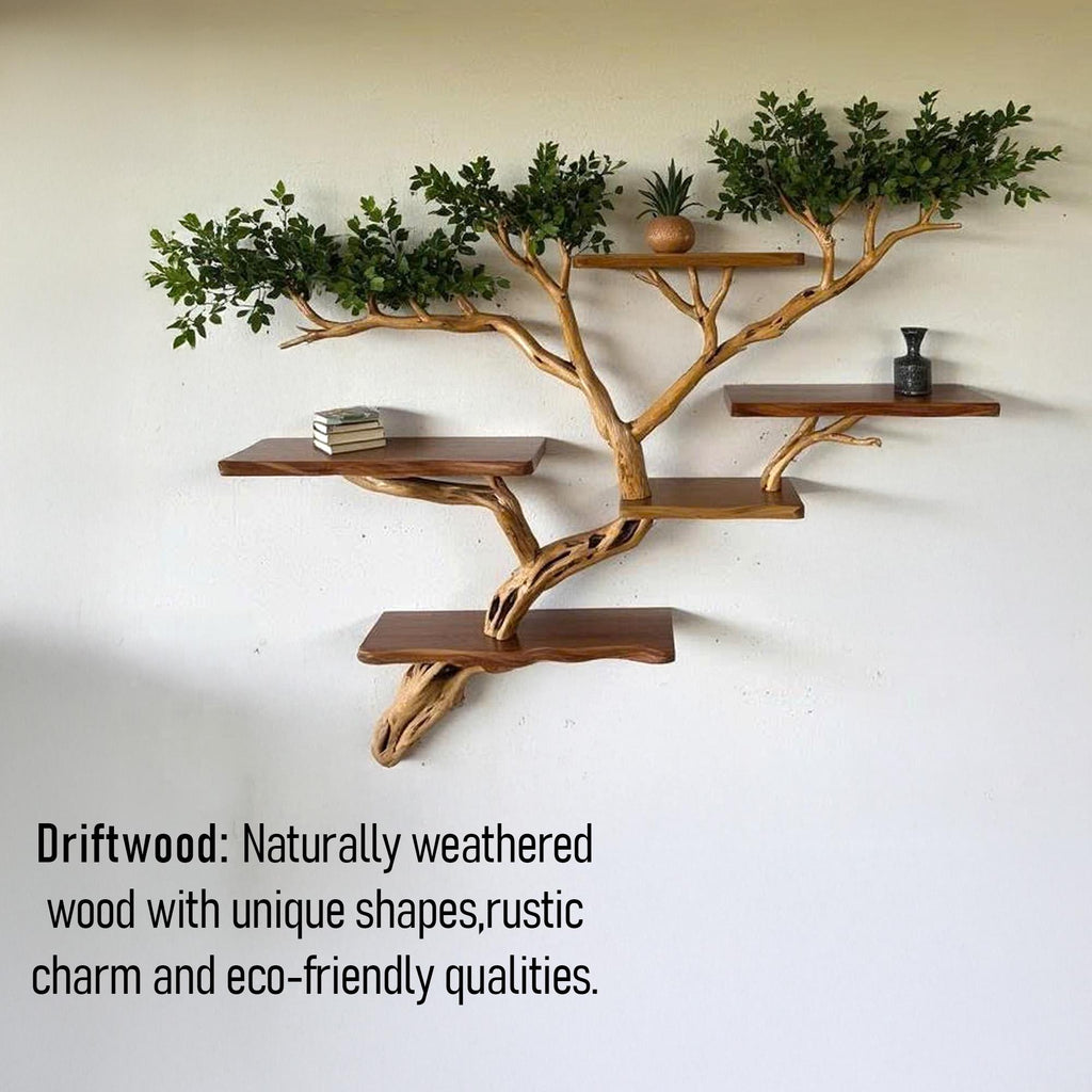 Tree branch bookshelf floating live edge shelf fake leaf wall mount tree shelf handcraft solid wood furniture