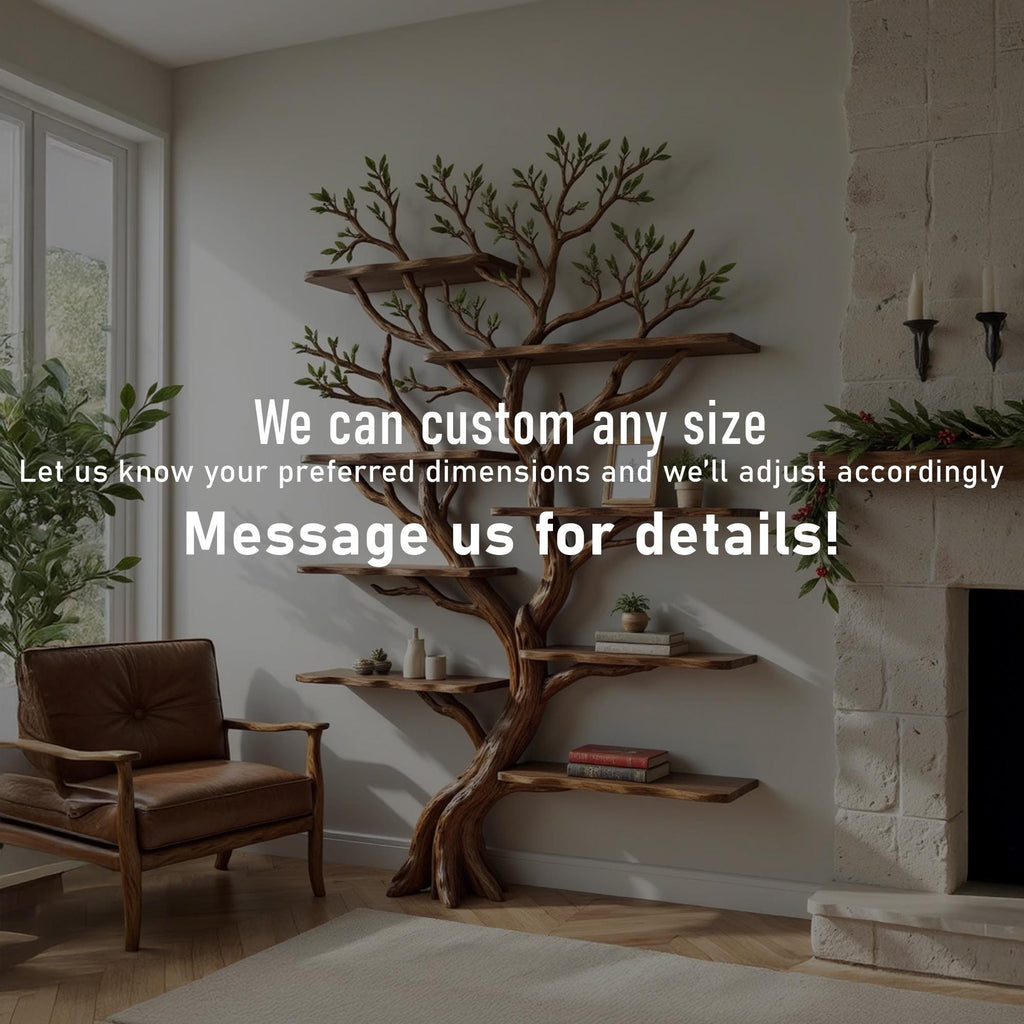 Driftwood corner bookshelf tree shelf art wall mount solid wood bookcase handmade furniture decor for home